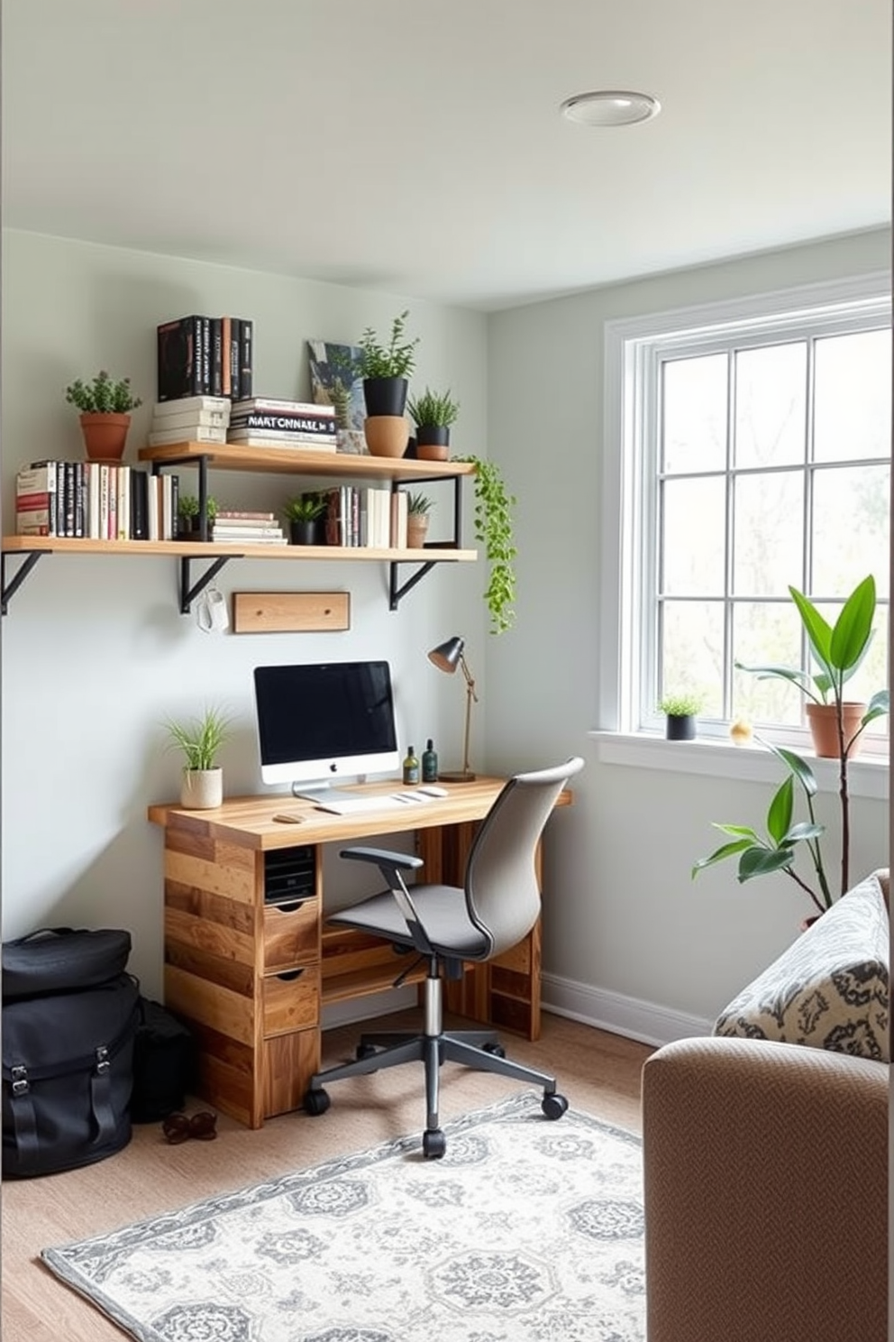 A cozy basement workspace area designed for productivity. The room features a compact desk made of reclaimed wood, paired with a comfortable ergonomic chair, and a large window allowing natural light to flood the space. The walls are painted in a soft pastel hue, creating a fresh and inviting atmosphere. Decorative shelves filled with books and plants add personality, while a stylish rug anchors the seating area, enhancing the overall warmth of the basement.