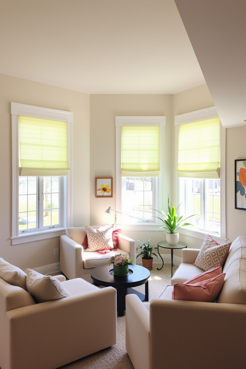 A bright and inviting basement space featuring light and airy window treatments that allow natural light to filter in. The walls are painted in soft pastel colors, creating a fresh and cheerful atmosphere. Cozy seating arrangements with plush cushions are strategically placed to encourage relaxation and conversation. Decorative elements like potted plants and colorful artwork add a touch of spring vibrancy to the overall decor.