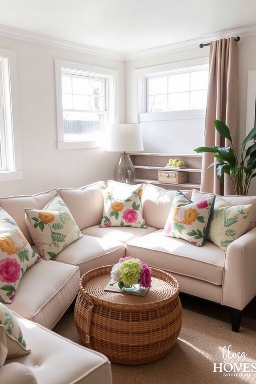 Create a cozy spring basement retreat featuring a plush sectional sofa adorned with decorative pillows that showcase vibrant floral patterns. The walls are painted a soft pastel color, and large windows allow natural light to flood the space, enhancing the cheerful atmosphere.