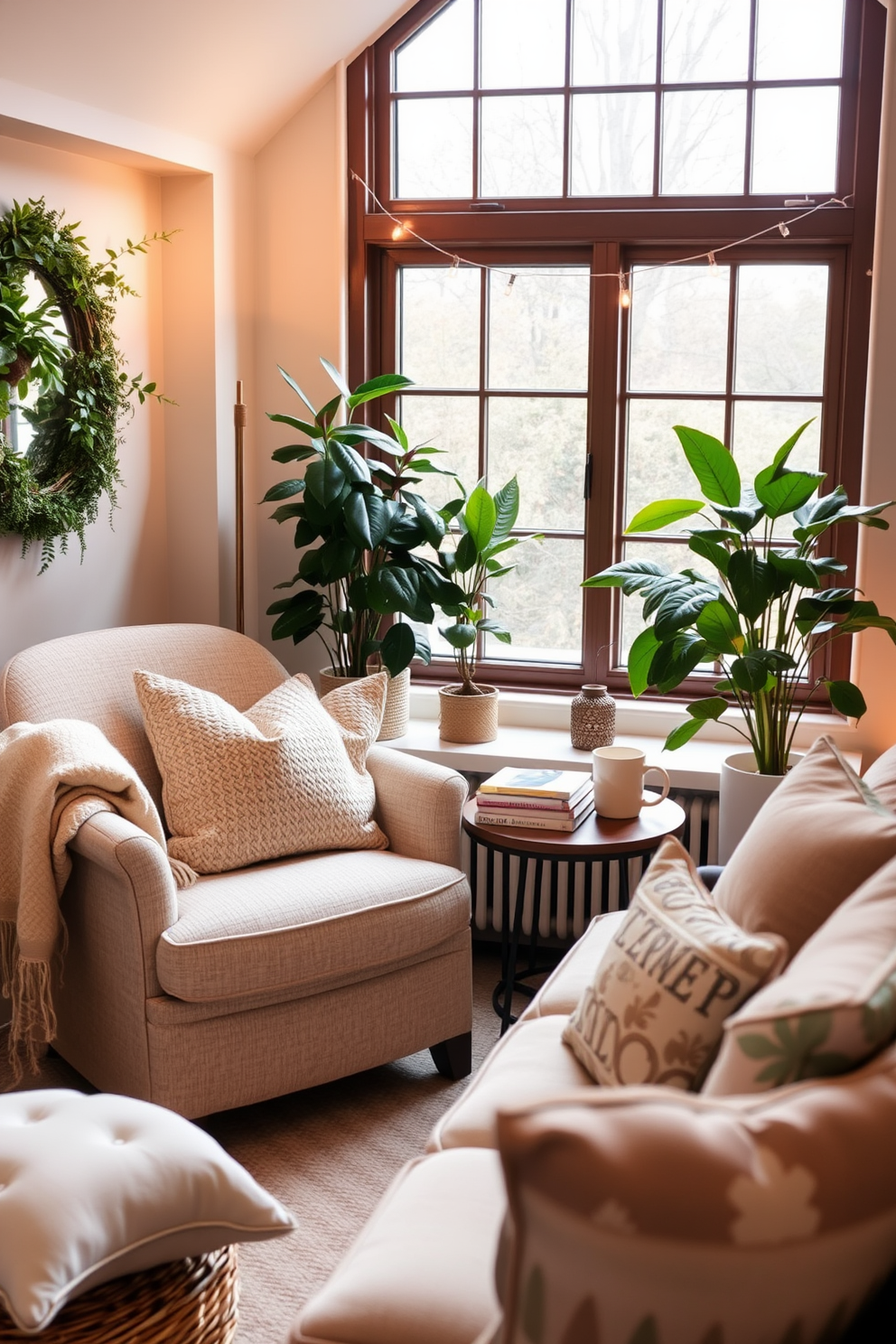 A cozy reading nook features a plush armchair upholstered in soft, textured fabric positioned next to a large window that allows natural light to flood the space. A small side table holds a steaming cup of tea and a stack of well-loved books, while a warm throw blanket drapes over the arm of the chair. Spring basement decorating ideas include brightening the space with light pastel colors and adding indoor plants to create a fresh, lively atmosphere. A comfortable seating arrangement with a mix of cushions invites relaxation, while decorative lighting enhances the cozy ambiance.