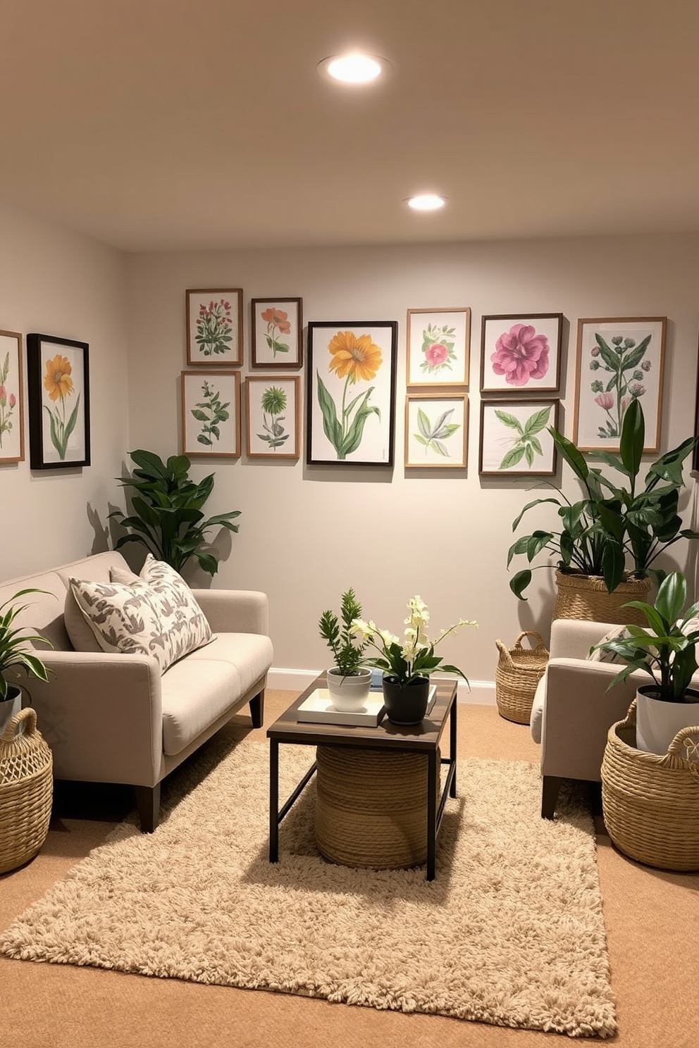 A cozy basement retreat featuring soft lighting and comfortable seating. The walls are adorned with a collection of vibrant botanical prints that bring life to the space. Incorporate a mix of textures with a plush area rug and woven baskets for storage. Add a small coffee table and a selection of potted plants to enhance the spring vibe.