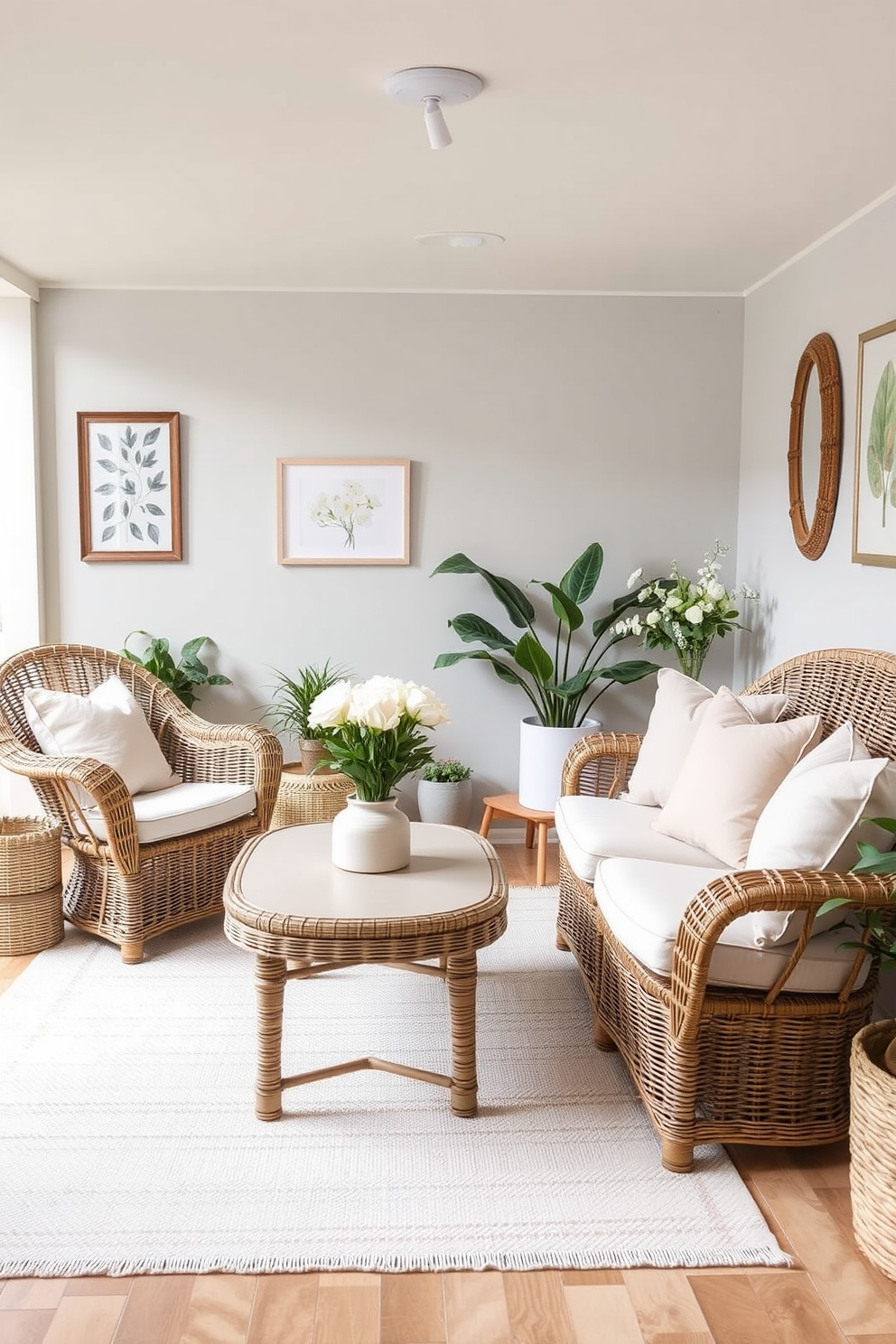 A cozy spring basement retreat featuring wicker furniture that creates a light and airy atmosphere. The space is adorned with soft pastel cushions and a light-colored area rug, enhancing the cheerful vibe of the room.