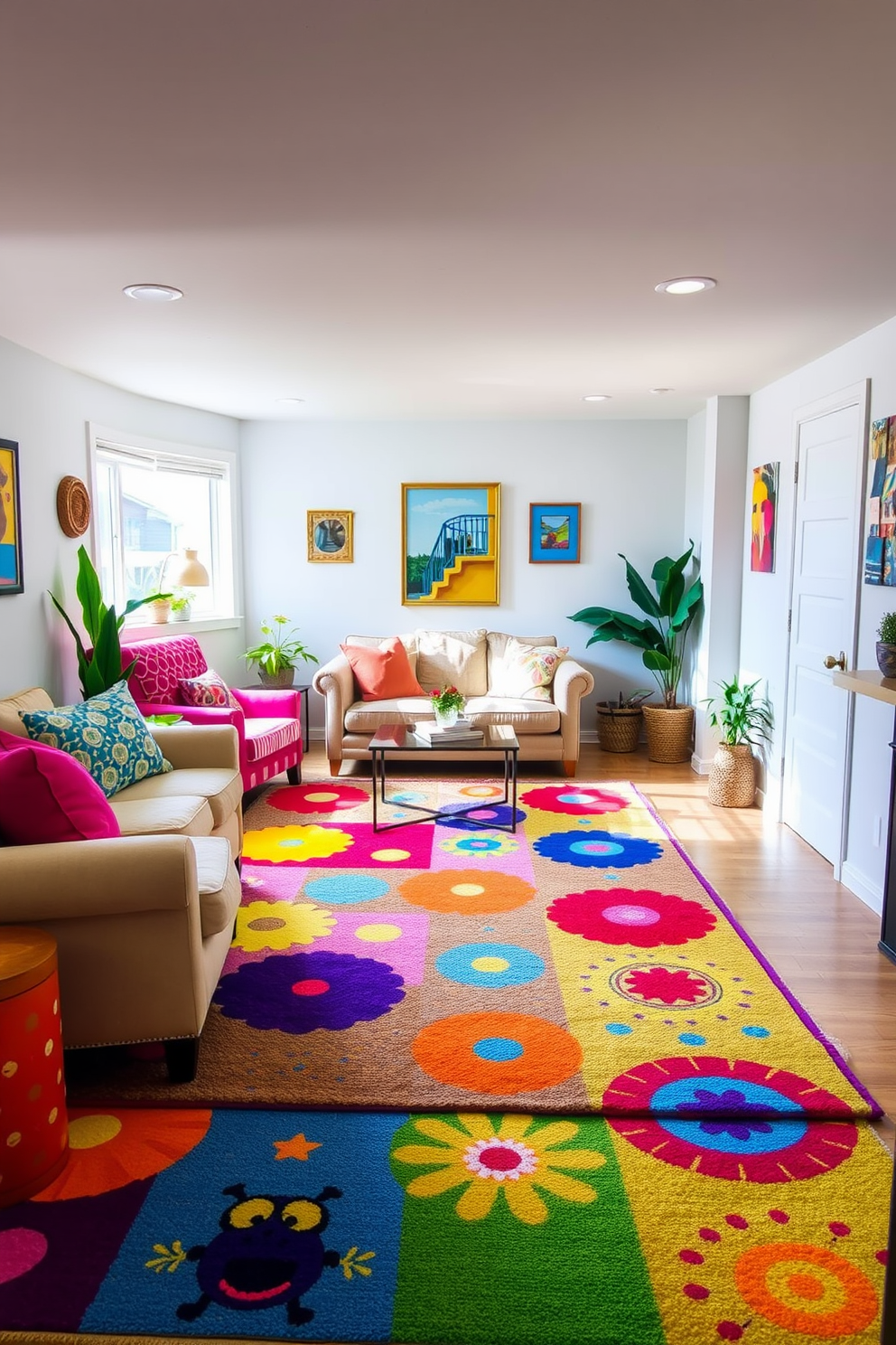 A bright and inviting basement space filled with natural light. The floor is adorned with a cheerful area rug featuring vibrant colors and playful patterns, creating a warm focal point. Cozy seating arrangements include a plush sofa and colorful accent chairs, perfect for relaxation. Lively wall art and potted plants add a touch of freshness and personality to the decor.