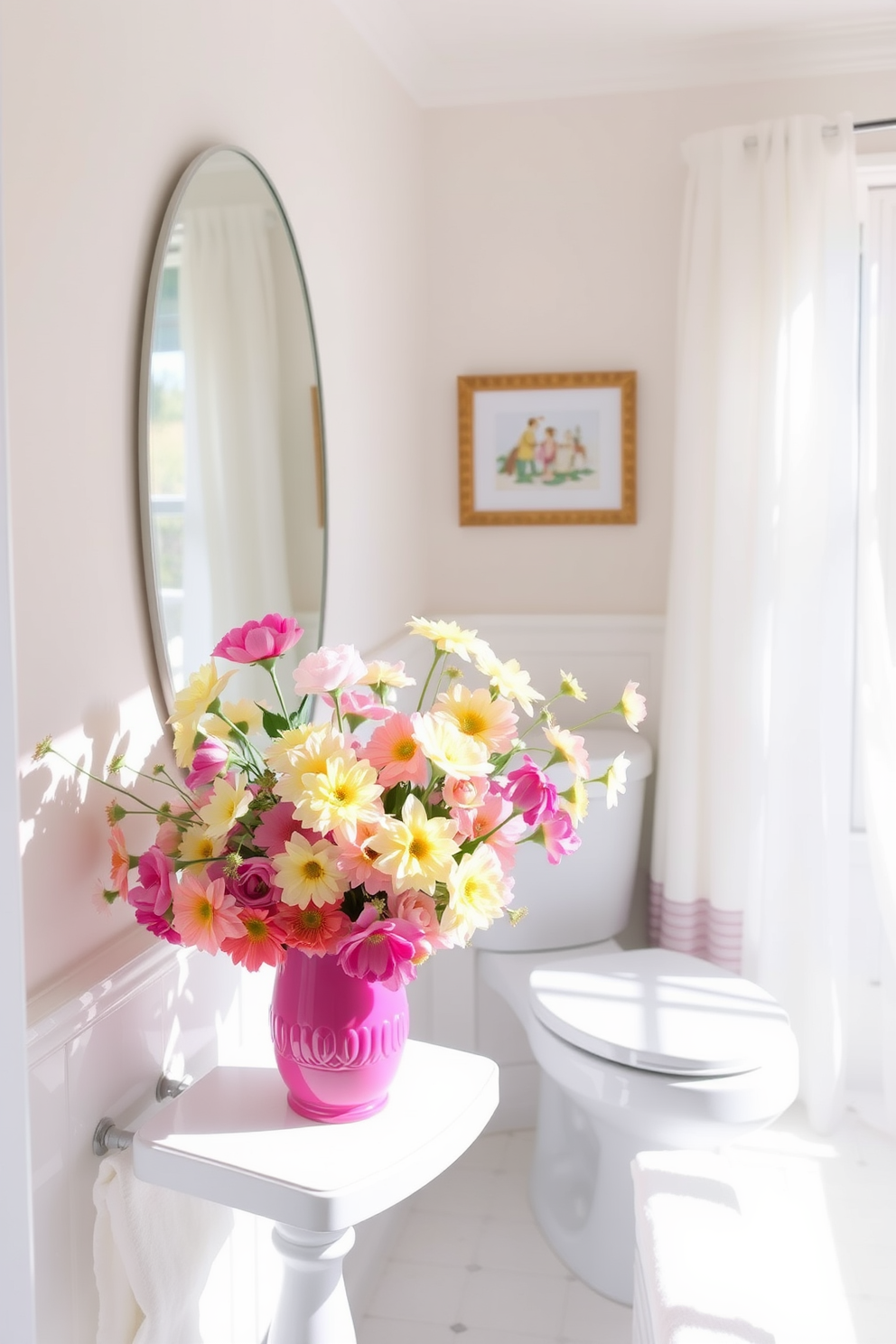 A bright and airy bathroom adorned with fresh flowers in a vibrant vase. The flowers add a splash of color to the serene space, enhancing the overall spring theme. Soft pastel hues dominate the decor, creating a calming atmosphere. Natural light filters through sheer curtains, illuminating the floral arrangement and complementing the fresh spring vibe.