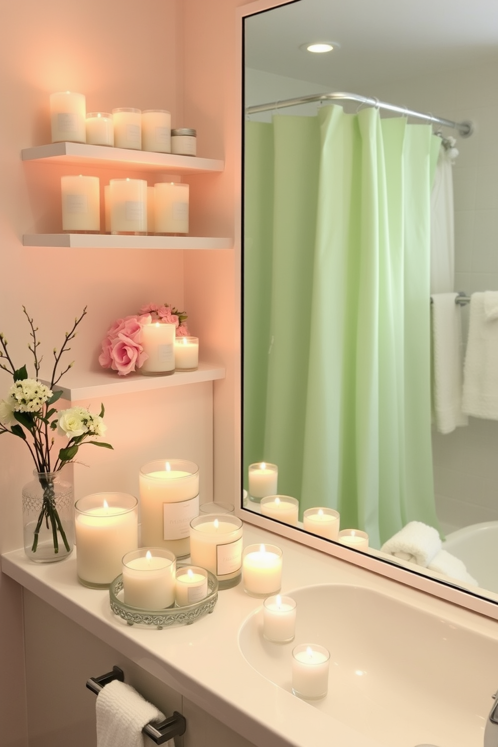 A serene bathroom atmosphere is created with an array of scented candles placed strategically on the countertop and shelves. The soft glow of the candlelight complements the pastel colors of the spring-themed decor, enhancing the relaxing vibe. Fresh floral arrangements in soft hues bring life to the space, while delicate accents like a light green shower curtain and fluffy white towels add a touch of elegance. The overall design invites tranquility, making it the perfect retreat for relaxation.