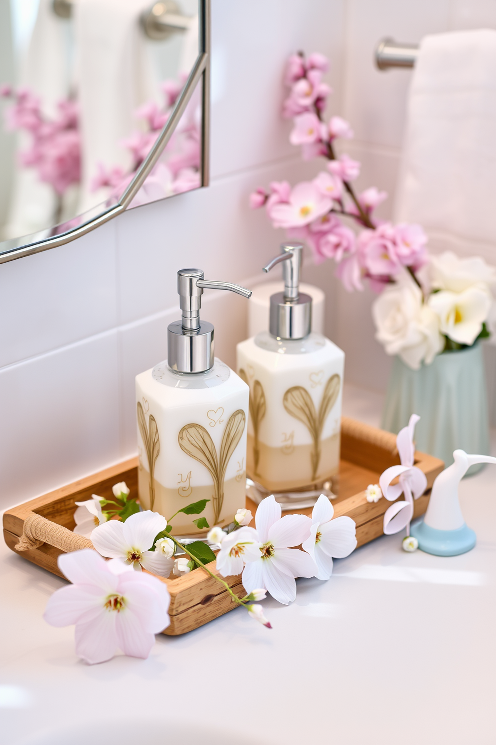 Create a serene spring bathroom scene featuring decorative soap dispensers that enhance the overall style. The dispensers should be elegantly designed, complementing the soft pastel colors of the decor and the fresh floral arrangements. Incorporate natural elements such as a wooden tray to hold the dispensers, surrounded by delicate spring flowers. The ambiance should evoke a sense of tranquility and renewal, perfect for a seasonal refresh.