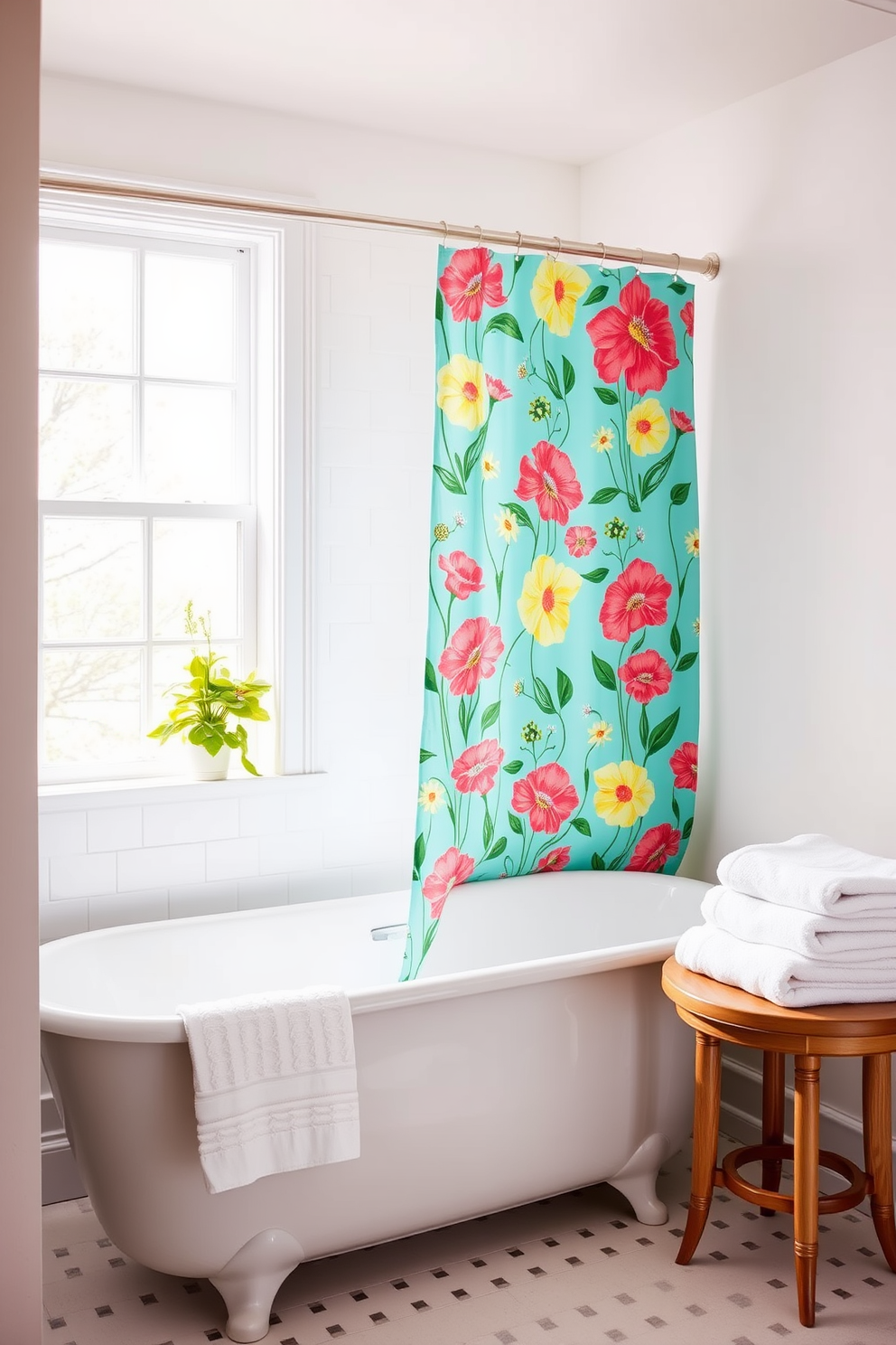 A bright and cheerful bathroom filled with spring vibes. The shower curtain features a vibrant floral print that adds a pop of color to the space. A sleek white bathtub sits against the wall, complemented by a small wooden side table holding a stack of fluffy towels. Fresh green plants are placed on the windowsill, bringing a touch of nature indoors.