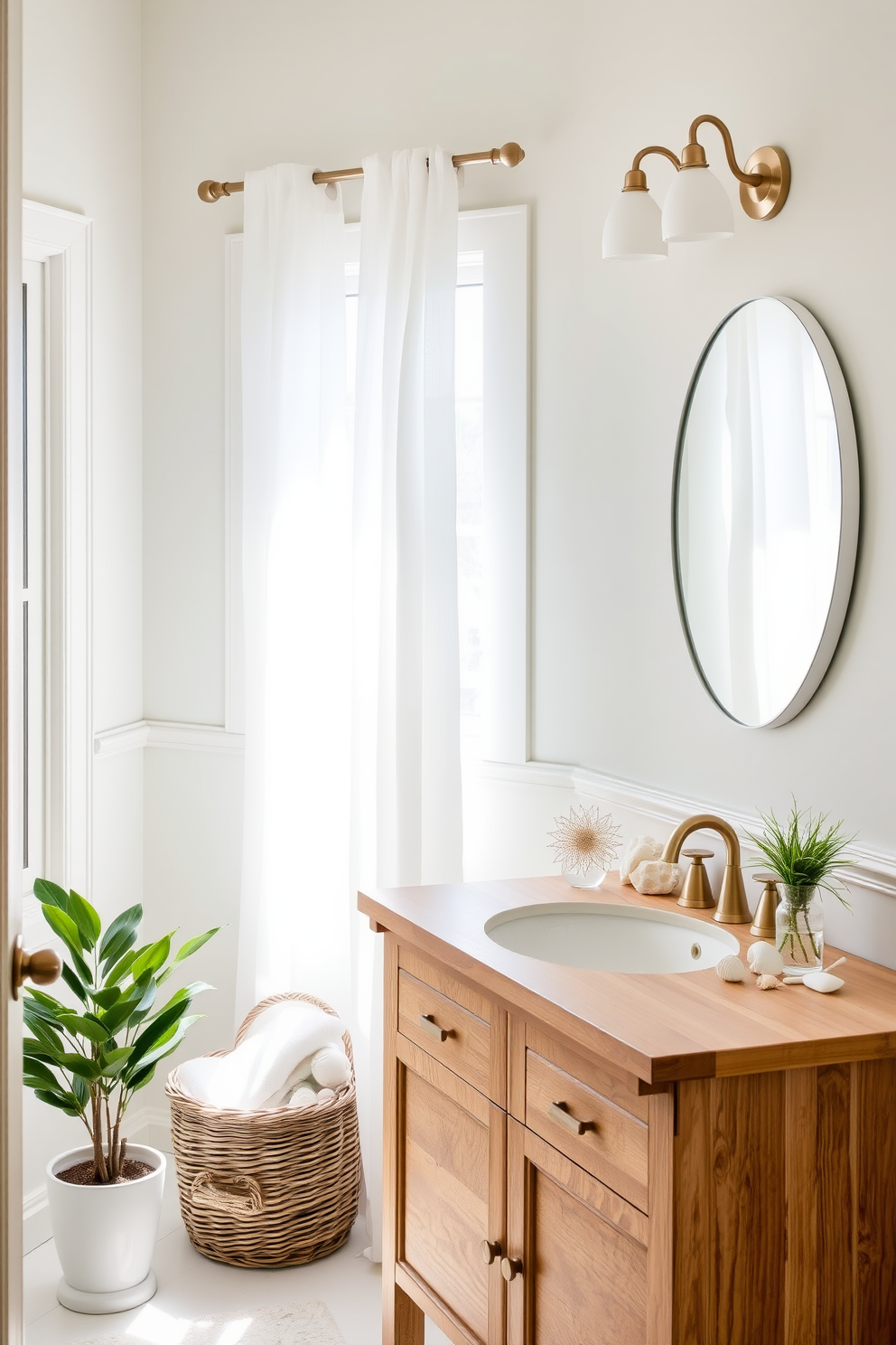 A serene spring bathroom setting that embraces a beachy theme. The walls are painted in soft pastel colors, and seashells are artfully arranged on the wooden vanity alongside a large round mirror. Natural light floods the space through a window adorned with sheer white curtains. A wicker basket filled with plush towels sits next to a small potted plant, adding a touch of greenery to the decor.