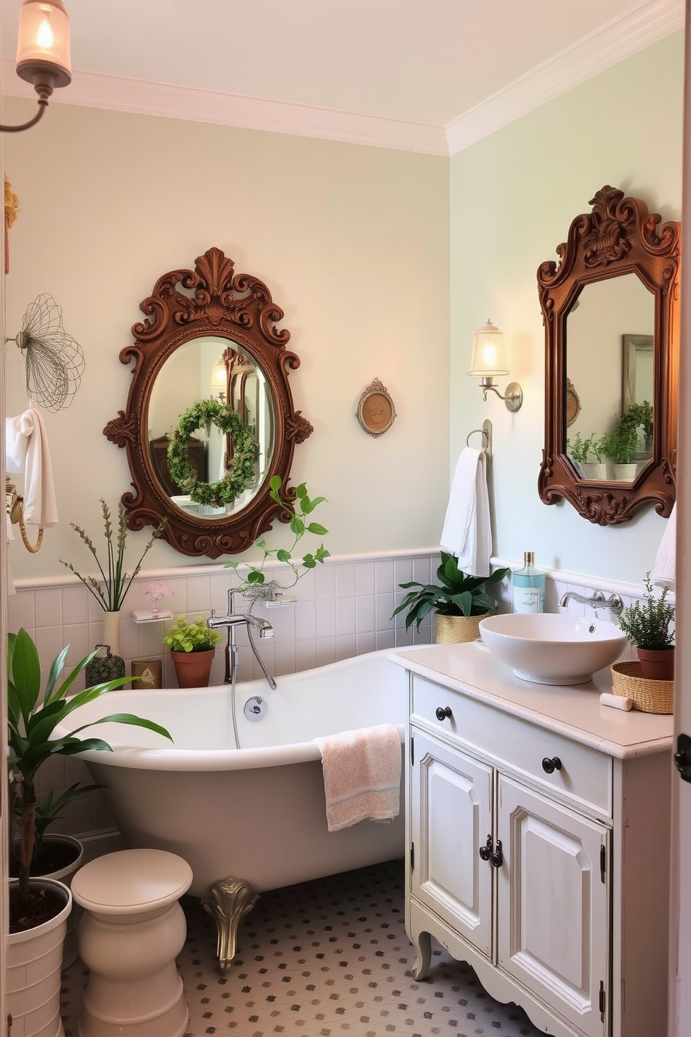 A charming spring bathroom filled with vintage decor pieces. An antique clawfoot tub sits elegantly in the corner, surrounded by potted plants and pastel-colored towels. An ornate wooden mirror with intricate carvings hangs above a distressed white vanity. Vintage-inspired light fixtures cast a warm glow, enhancing the room's inviting atmosphere.