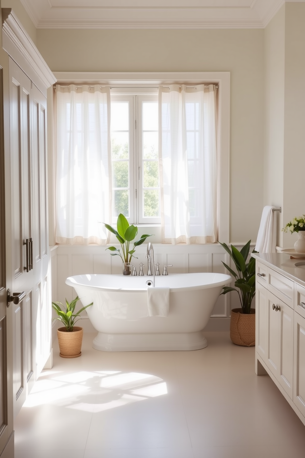 A serene bathroom space filled with natural light. The walls are painted in a soft pastel hue, complemented by white cabinetry and light wood accents. A freestanding bathtub sits gracefully in the center, surrounded by potted plants that add a touch of greenery. Delicate linen curtains frame the windows, allowing gentle sunlight to filter in and enhance the tranquil atmosphere.