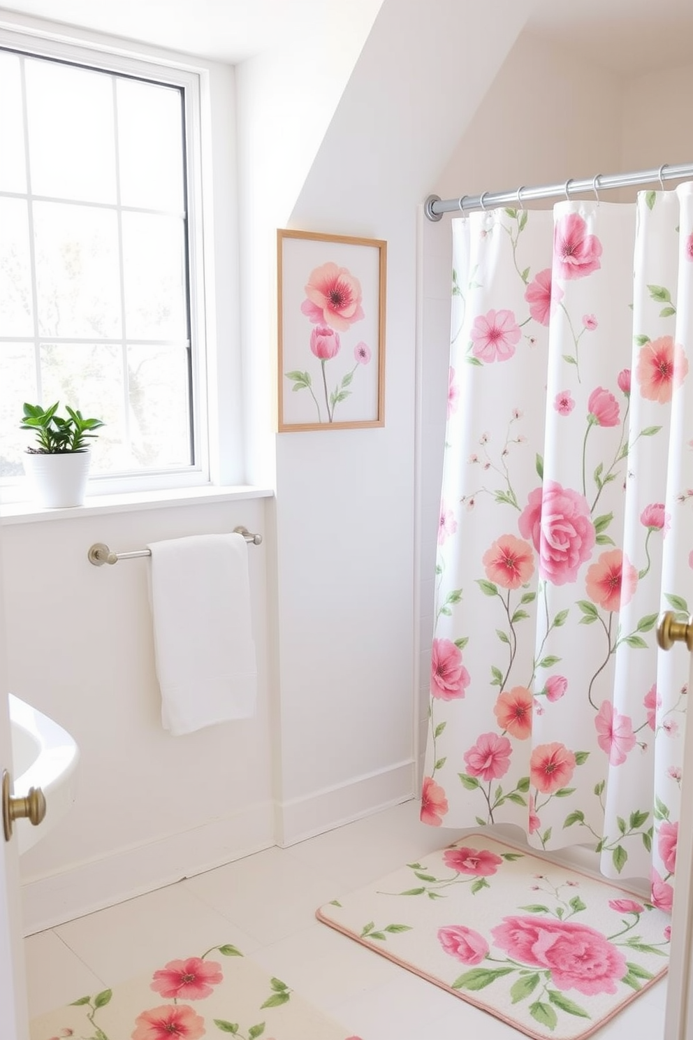 A bright and airy bathroom adorned with spring-themed wall art featuring blooming flowers and pastel colors. The walls are painted in a soft white hue, creating a fresh backdrop for the vibrant artwork. Incorporate decorative elements like a floral shower curtain and matching bath mat to enhance the seasonal theme. A small potted plant sits on the windowsill, adding a touch of greenery to the space.