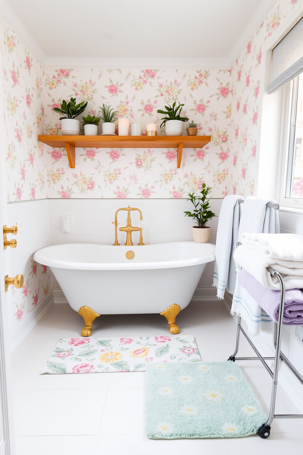 A bright and airy bathroom featuring a sleek white bathtub with gold fixtures. The walls are adorned with pastel floral wallpaper, and a fun bath mat with a vibrant pattern adds comfort underfoot. A wooden shelf displays potted plants and decorative candles, enhancing the spring theme. Soft, fluffy towels in cheerful colors are neatly arranged on a nearby rack, completing the inviting atmosphere.