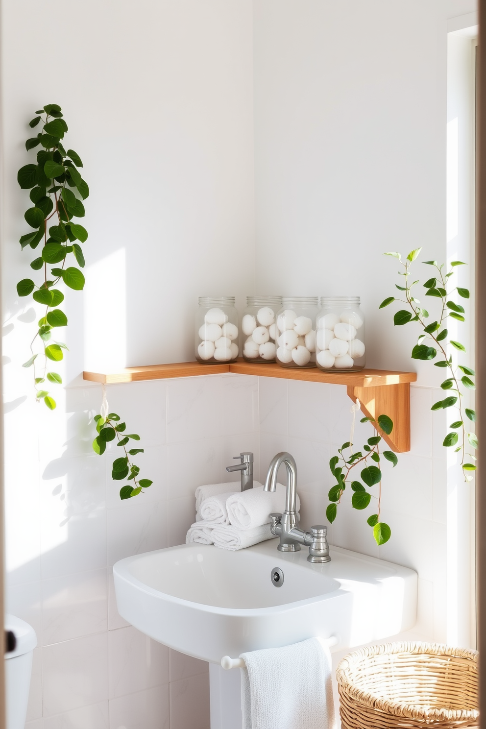 A bright and airy bathroom filled with natural light. Glass jars filled with cotton balls are neatly arranged on a wooden shelf above the sink. Fresh green plants are placed in the corners, adding a touch of nature. Soft pastel towels are rolled and displayed in a woven basket for a cozy feel.