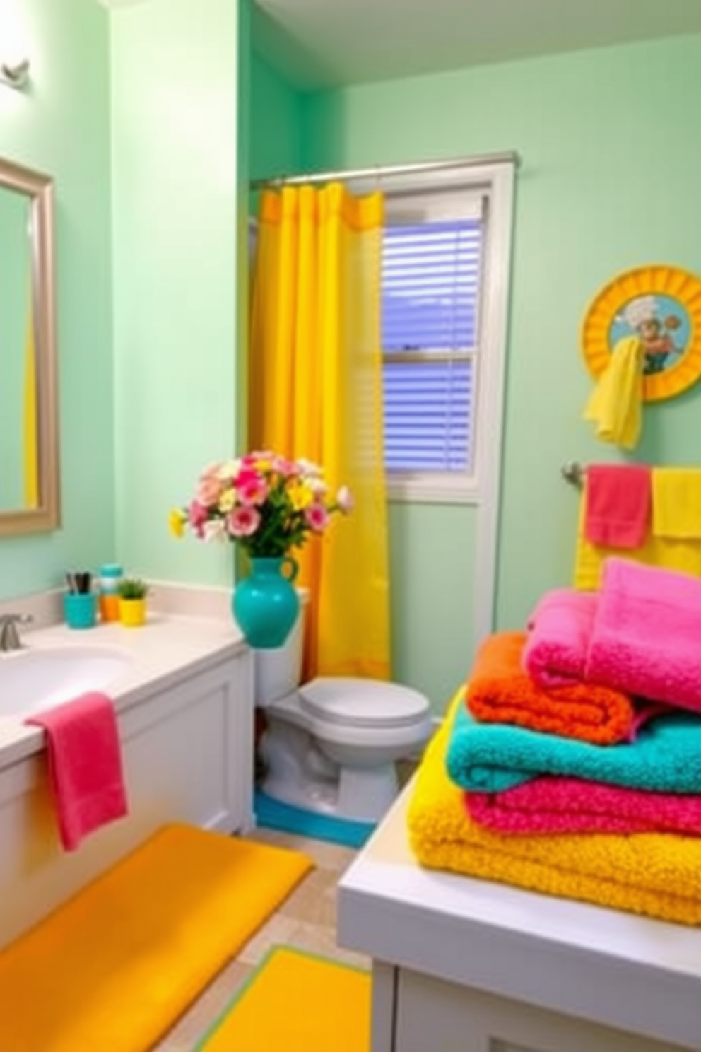 A bright and cheerful bathroom setting filled with spring vibes. The walls are painted in a soft pastel hue, and vibrant accessories like a yellow shower curtain and teal bath mats add a pop of color. Fresh flowers in a colorful vase sit on the countertop, bringing a lively touch to the space. A playful arrangement of bright towels is neatly displayed, enhancing the overall spring theme.