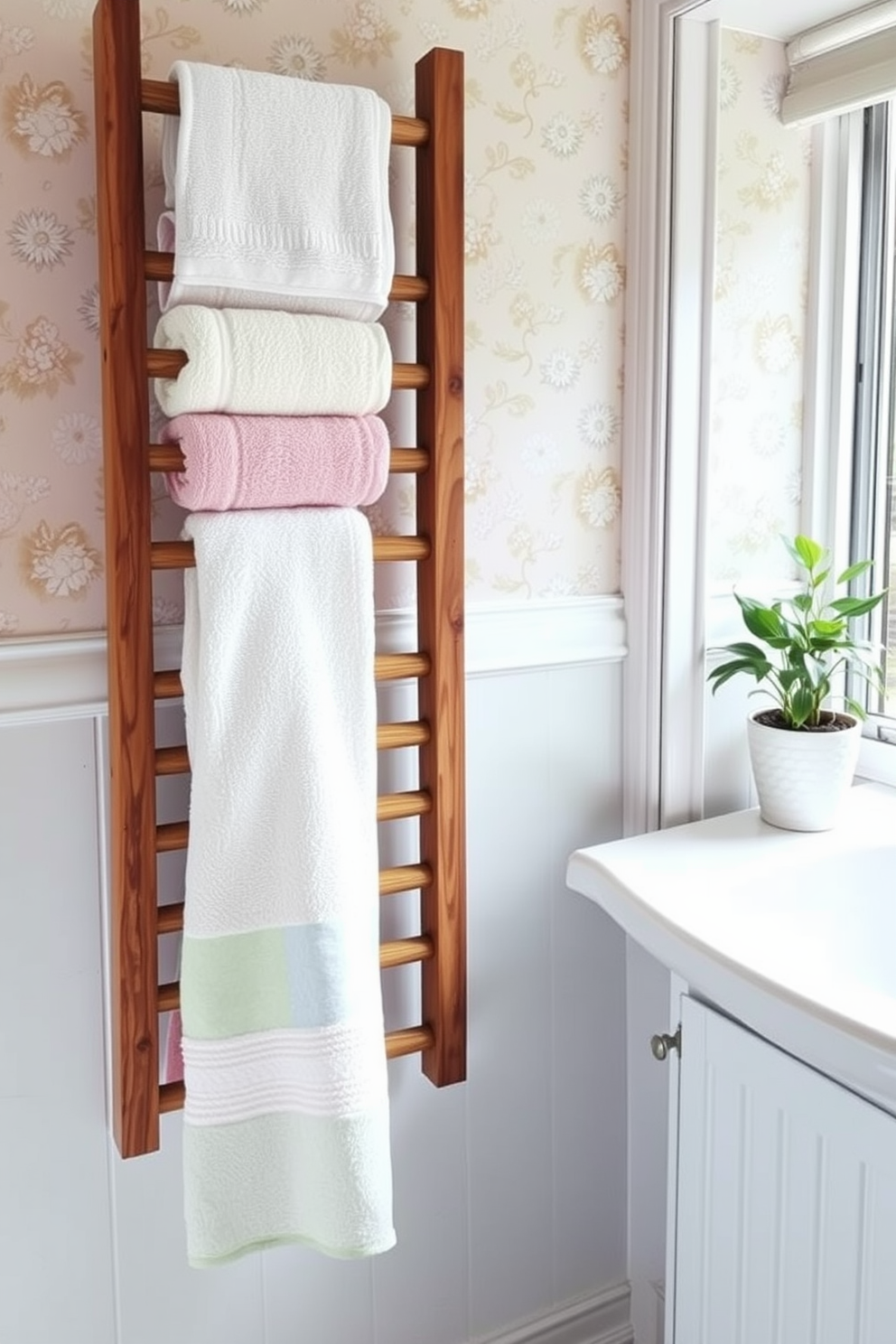 A serene spring bathroom setting featuring pastel towels arranged neatly on a wooden towel rack. The walls are adorned with light floral wallpaper, and a small potted plant sits on the windowsill, adding a fresh touch.