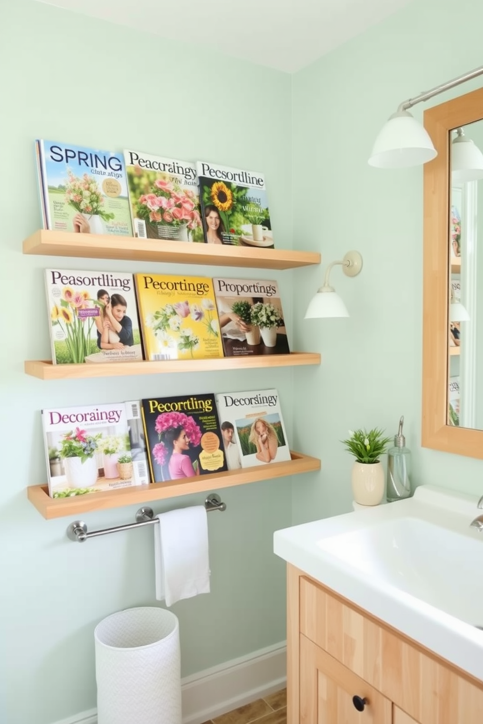 A bright and airy bathroom features open shelves adorned with an array of seasonal magazines showcasing vibrant Spring decorating ideas. The shelves are crafted from light wood, complementing the soft pastel hues of the bathroom walls and creating a welcoming atmosphere.