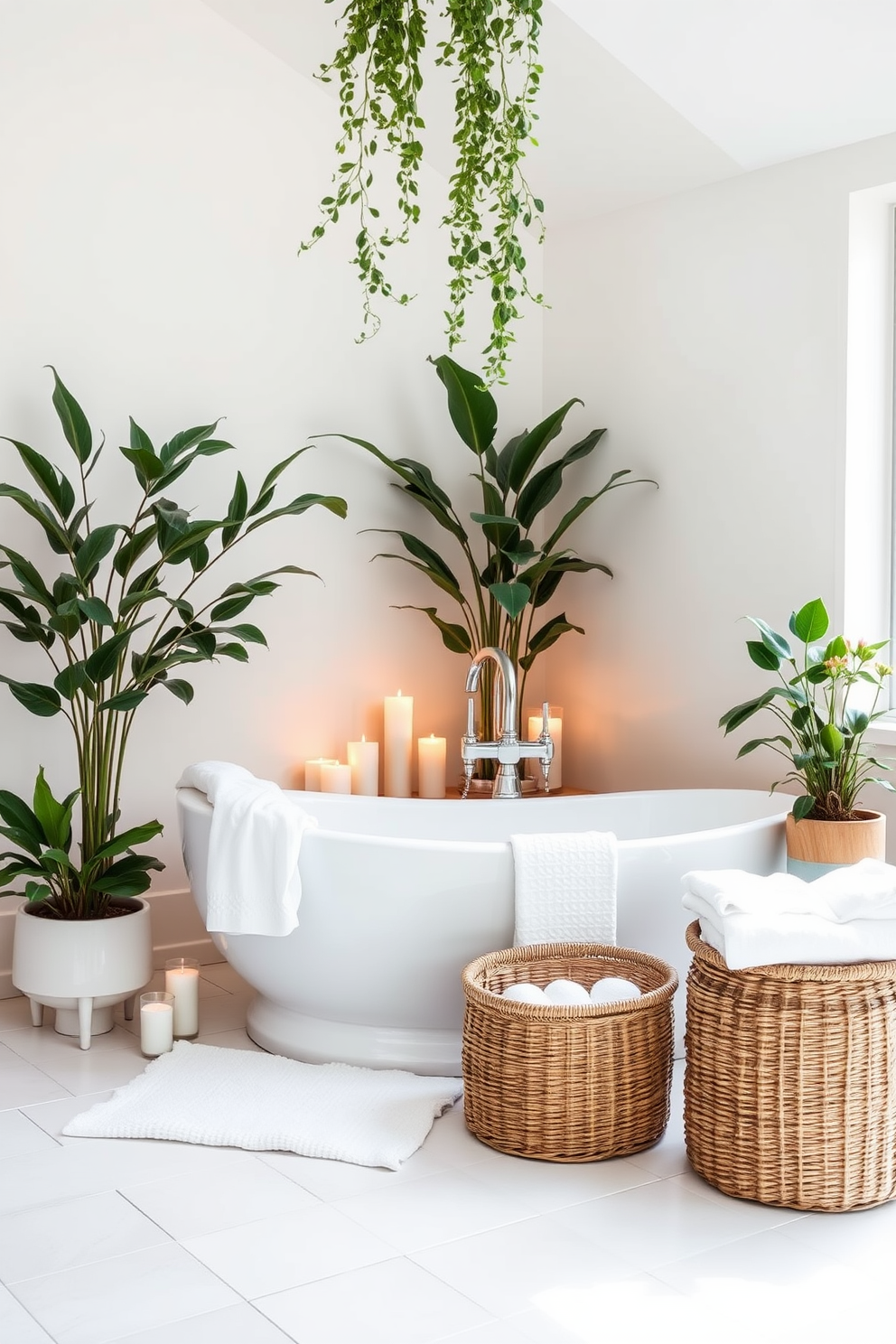 Create a spa-like atmosphere with soft lighting and natural elements. Incorporate a freestanding soaking tub surrounded by potted plants and candles for a tranquil setting. Use a light color palette with soft blues and whites to evoke a sense of calm. Add fluffy towels and a woven basket for storage, enhancing the relaxed vibe of the space.