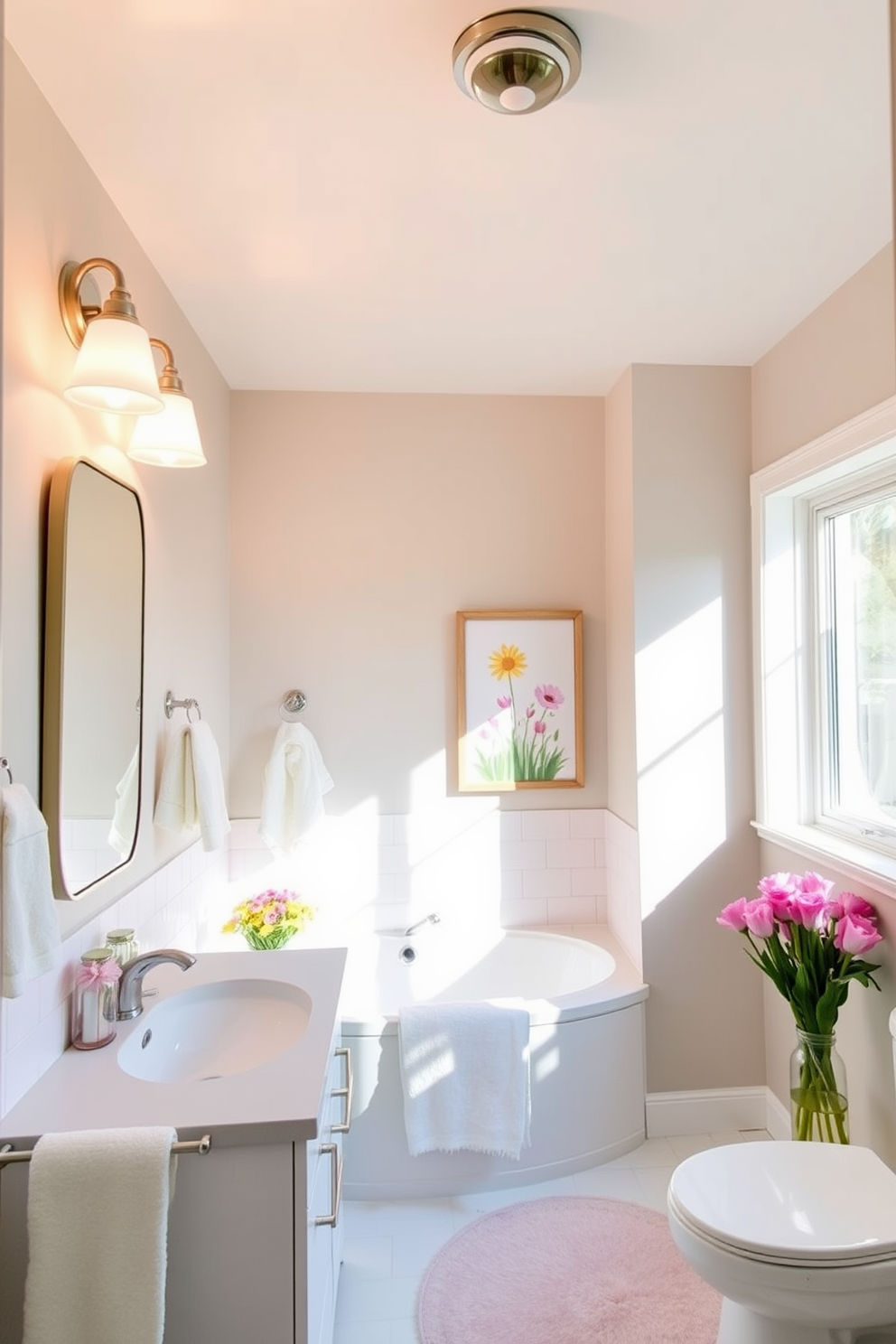 A bright and airy bathroom filled with natural light. The space features modern light fixtures that illuminate the room, creating a fresh and inviting atmosphere. Decorative elements include pastel-colored towels and floral accents. The walls are adorned with cheerful spring-themed artwork, adding a vibrant touch to the overall design.