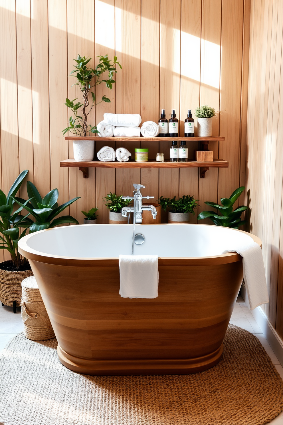 A serene spring bathroom setting featuring natural materials like wood. The walls are adorned with light wood paneling, and a freestanding wooden bathtub sits in the center, surrounded by potted plants and soft, natural light. A rustic wooden shelf displays neatly rolled towels and organic skincare products. The floor is covered with a woven jute rug, adding warmth and texture to the space.