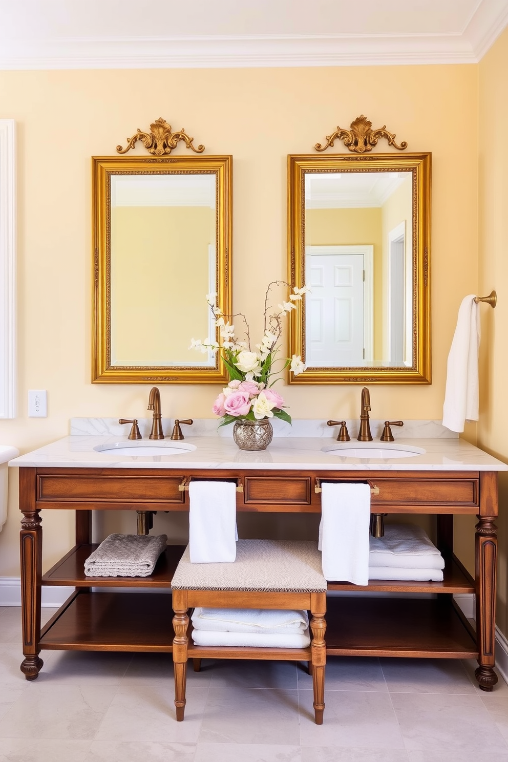 A serene spring bathroom setting. There is a wooden vanity with a marble countertop featuring two sinks and a small bench for seating against the wall. Above the countertop, two rectangular mirrors with elegant gold frames hang side by side. The walls are painted in a soft pastel yellow, and the floor is adorned with light gray tiles. Fresh flowers in a decorative vase brighten the space, while fluffy white towels hang from the sink faucets. The overall ambiance is inviting and perfect for spring decorating ideas.