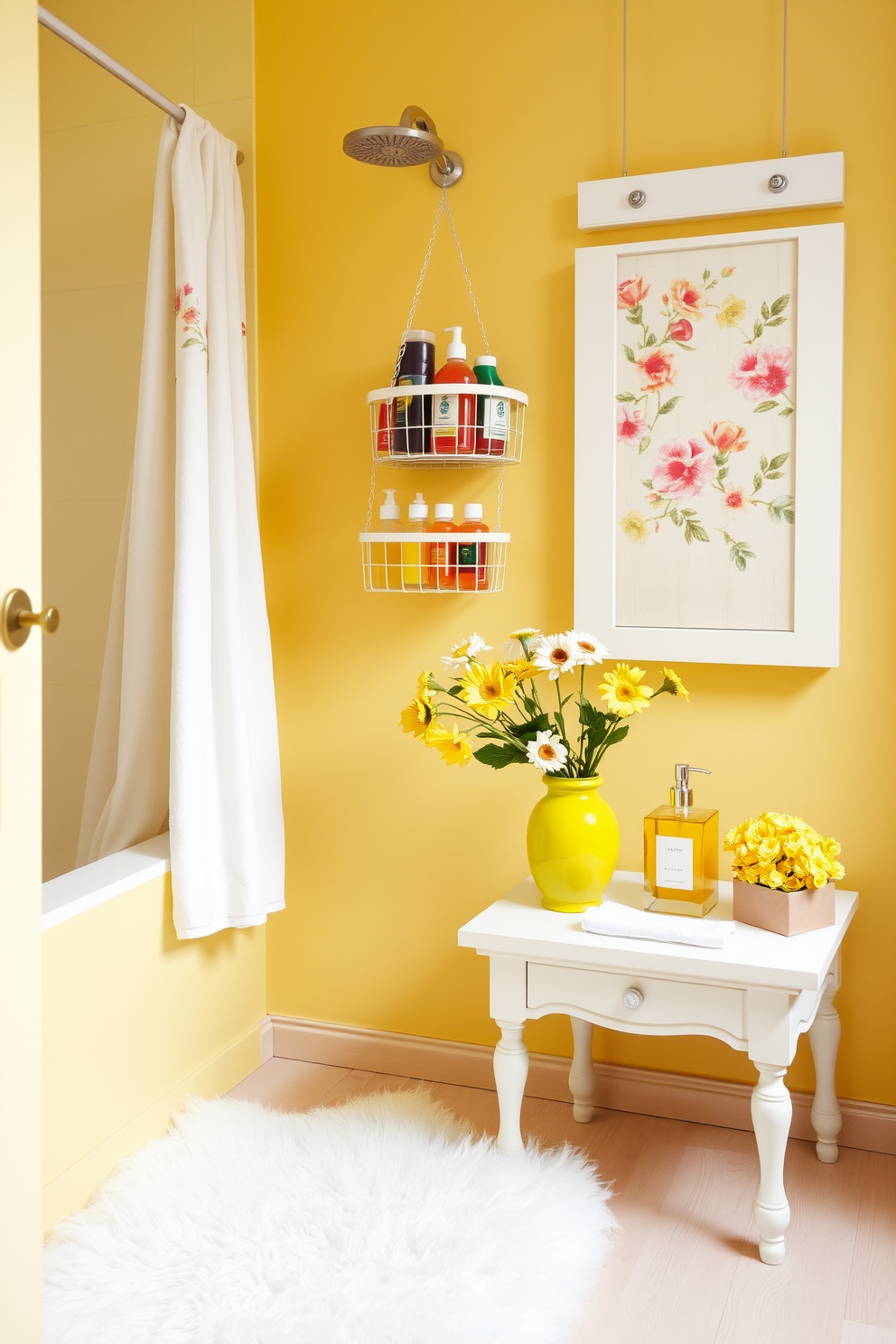 A vibrant spring bathroom setting filled with cheerful decor. The walls are painted in a soft pastel yellow, and a fun shower caddy hangs from the showerhead, filled with colorful bath products. Fresh flowers in a bright vase sit on the countertop next to a stylish soap dispenser. A fluffy white bath mat lies on the floor, complementing the light wood accents throughout the space.