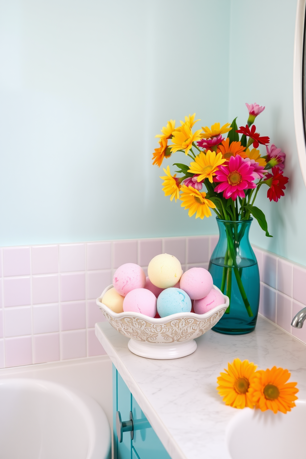 A vibrant spring bathroom filled with colorful bath bombs arranged in a decorative bowl on the countertop. The walls are adorned with soft pastel shades, and fresh flowers in cheerful hues are placed in a vase to enhance the lively atmosphere.