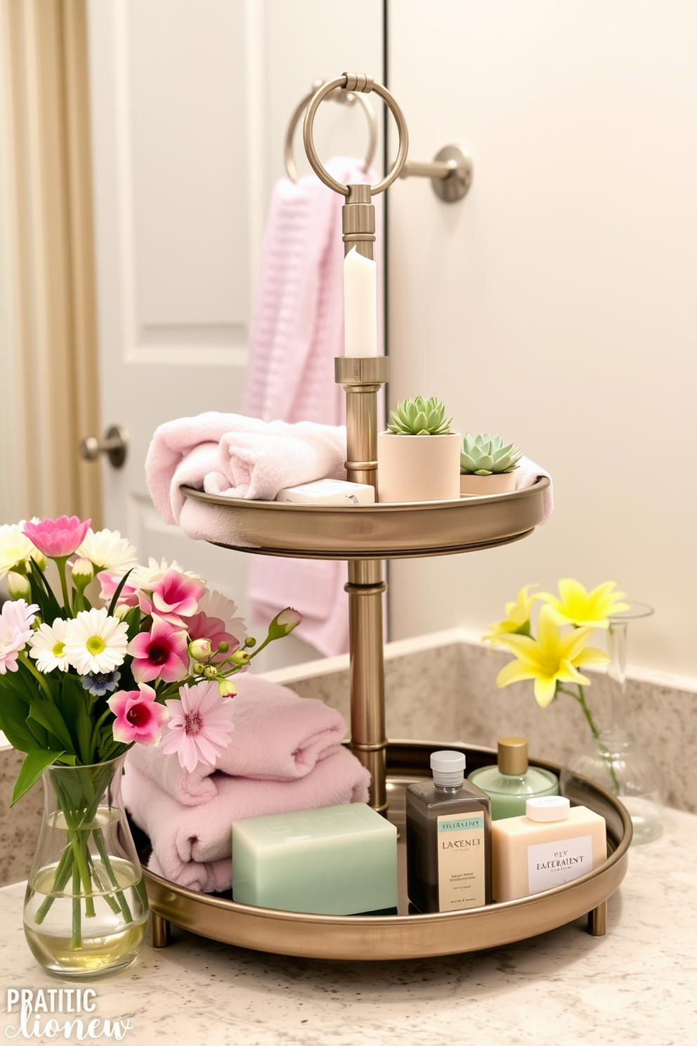 A tiered tray is elegantly arranged with pastel-colored towels, scented candles, and small potted succulents. The tray is placed on the bathroom countertop, surrounded by fresh flowers in a vase and decorative soaps for a vibrant spring touch.