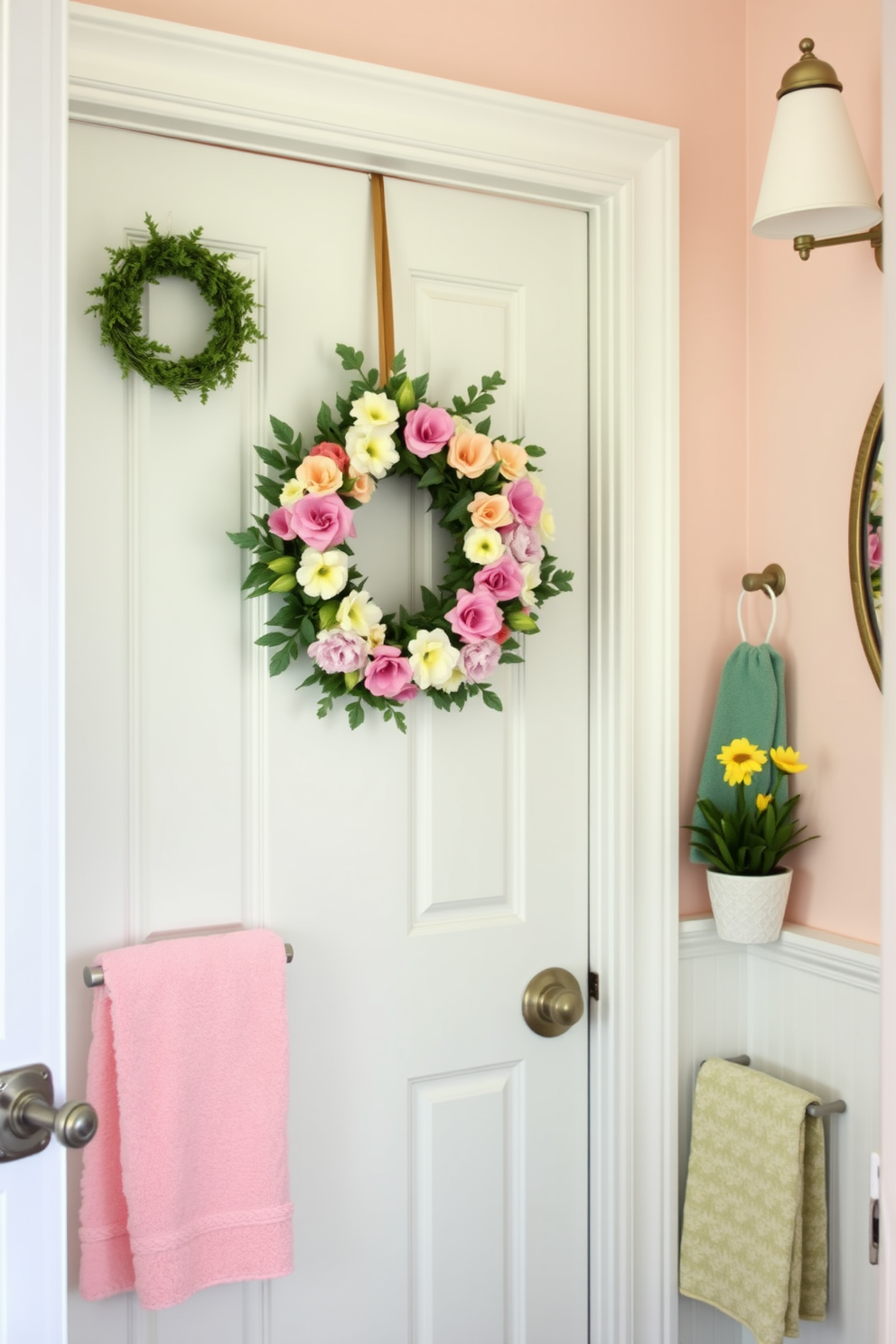 A charming bathroom adorned with spring-themed decorations. A vibrant floral wreath hangs on the door, welcoming guests with a touch of seasonal cheer. Soft pastel colors dominate the space, creating a fresh and inviting atmosphere. Decorative accents like small potted plants and colorful towels enhance the spring decor, adding warmth and liveliness.