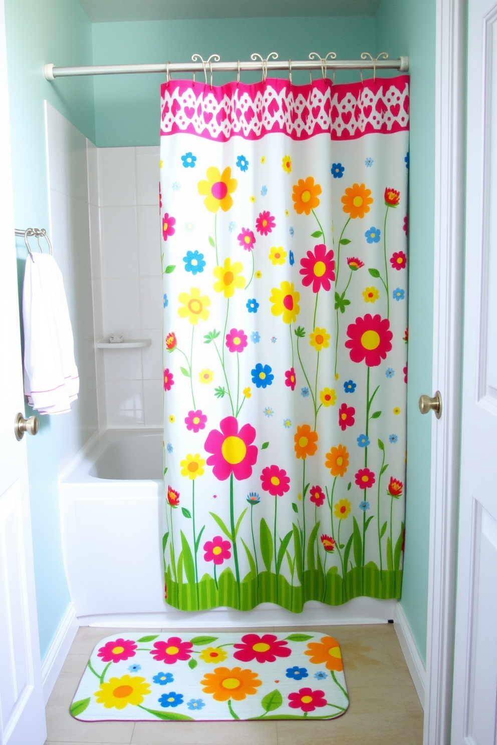 A vibrant spring bathroom setting featuring a playful shower curtain adorned with colorful floral patterns. The shower curtain hooks are shaped like cheerful butterflies, adding a whimsical touch to the space. The walls are painted in a soft pastel hue, creating a serene backdrop for the lively decor. A matching bath mat with a floral design complements the overall theme, enhancing the cheerful ambiance.