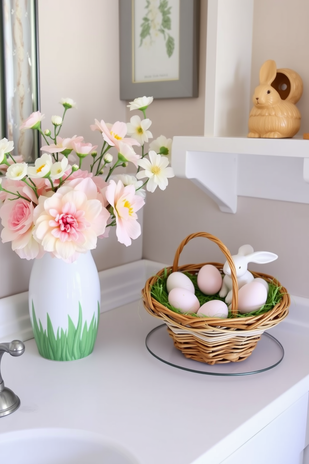 Easter-themed decor accents bring a festive touch to a Spring bathroom. Delicate pastel colors adorn the space, with decorative eggs nestled in a charming basket on the vanity. Fresh flowers in soft hues are arranged in a ceramic vase, adding a natural element to the decor. A whimsical bunny figurine sits playfully on the shelf, complementing the seasonal theme.