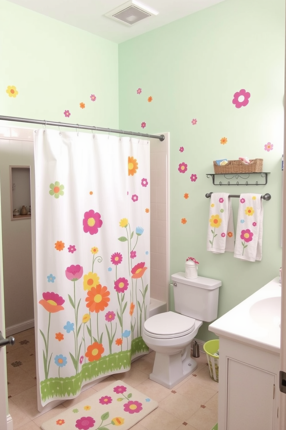 A bright and cheerful bathroom adorned with removable wall decals featuring colorful floral patterns. The walls are painted in a soft pastel hue, creating a refreshing backdrop for the playful designs. A whimsical shower curtain complements the decals, showcasing a vibrant garden scene. Decorative accessories like a matching bath mat and towels enhance the Spring theme, bringing a lively touch to the space.