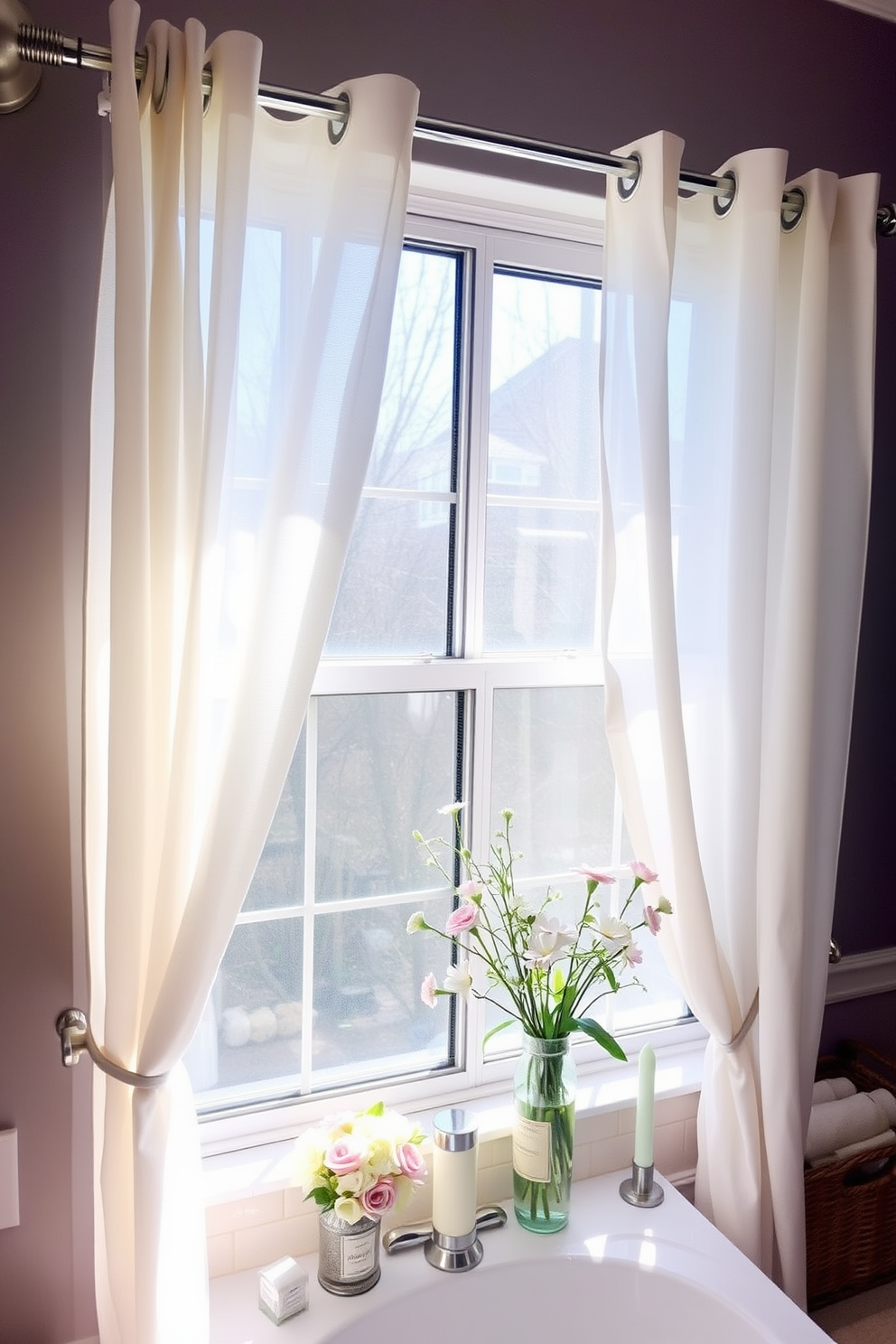 Lightweight curtains drape elegantly from a polished curtain rod, allowing soft natural light to filter into the space. The curtains, in a soft pastel hue, create an airy feel that complements the fresh spring decor. Delicate floral arrangements in pastel colors adorn the countertop, bringing a touch of nature indoors. The bathroom features subtle accents like a wicker basket for towels and a scented candle for a relaxing ambiance.