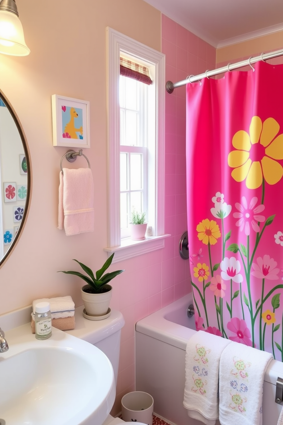 Bright artwork adorns the walls of a cheerful bathroom, featuring vibrant colors that bring energy to the space. The decor includes playful patterns and floral motifs that complement the fresh, airy atmosphere. Incorporate spring-themed accents such as pastel towels and a lively shower curtain adorned with blooming flowers. A small potted plant sits on the windowsill, adding a touch of nature and warmth to the overall design.