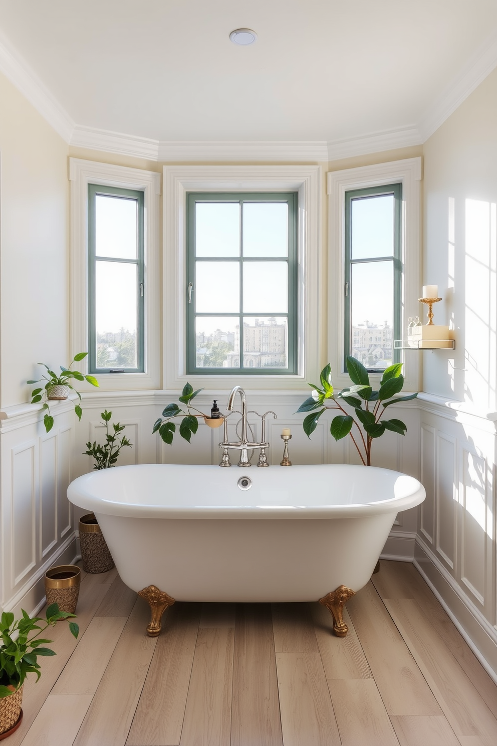 A bright and airy bathroom featuring a freestanding soaking tub positioned under a large window that allows natural light to flood the space. The walls are painted in a soft pastel hue, complemented by white wainscoting and a light wood floor. Potted plants are strategically placed around the room, adding a touch of greenery and freshness to the decor. Decorative shelves hold various bath essentials and stylish candles, creating a serene and inviting atmosphere.