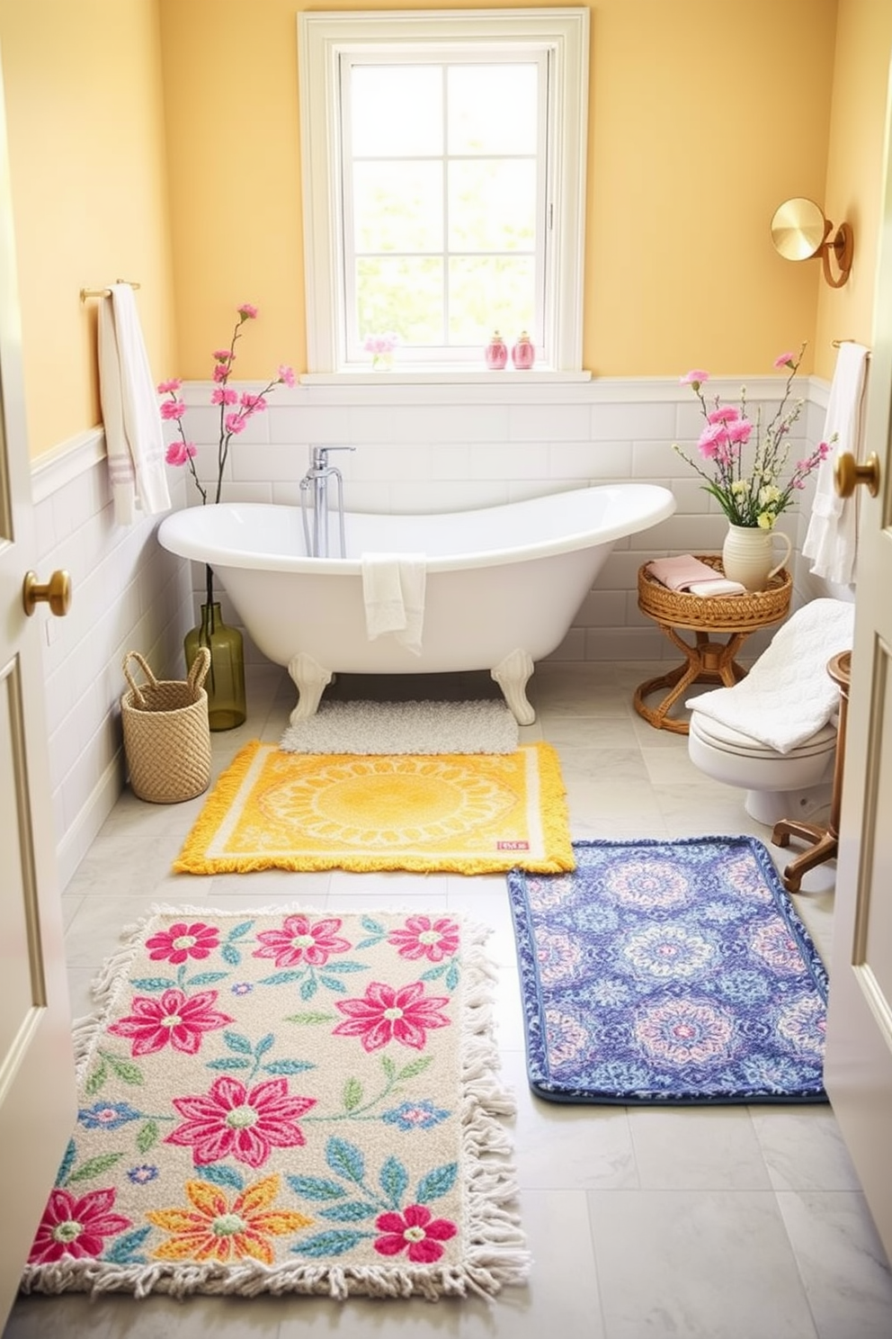 A vibrant bathroom setting featuring colorful rugs that bring life to the floor. The rugs showcase a mix of patterns and hues, creating a cheerful atmosphere that complements the overall decor. Incorporate spring-themed decorations such as floral accents and pastel colors. Soft towels and accessories in light shades enhance the freshness of the space, making it inviting and rejuvenating.