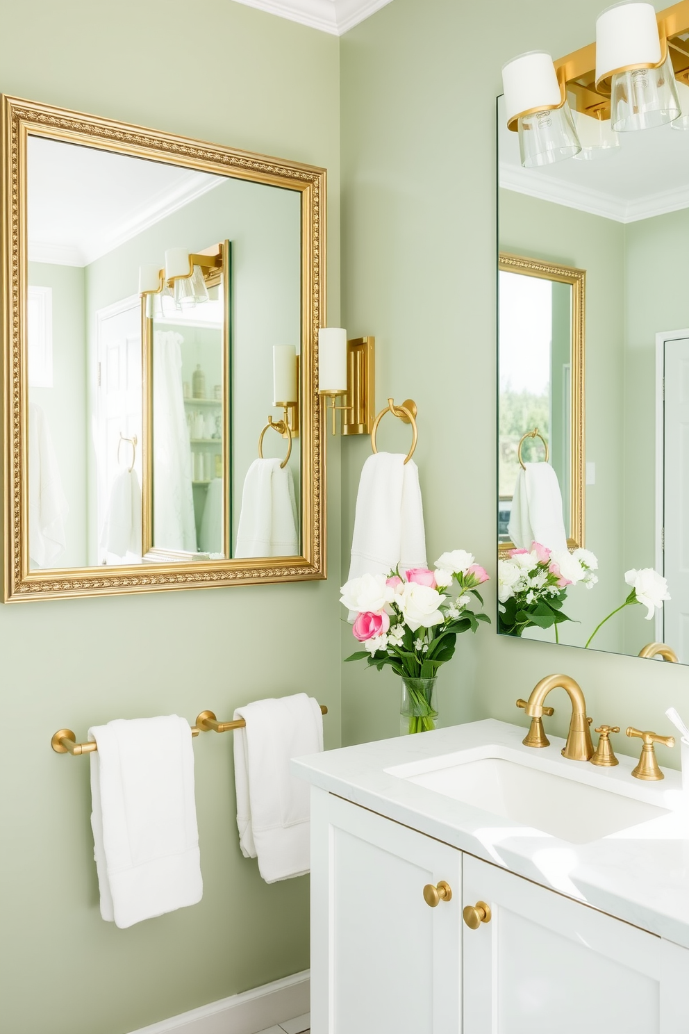 A bright and airy bathroom featuring framed mirrors that reflect natural light, creating a spacious and inviting atmosphere. The decor includes fresh spring elements such as pastel-colored towels and floral arrangements that add a touch of vibrancy. Soft green walls complement the elegant mirrors, while a sleek white vanity provides a clean and modern look. Accents of gold in the fixtures bring warmth and sophistication to the overall design.