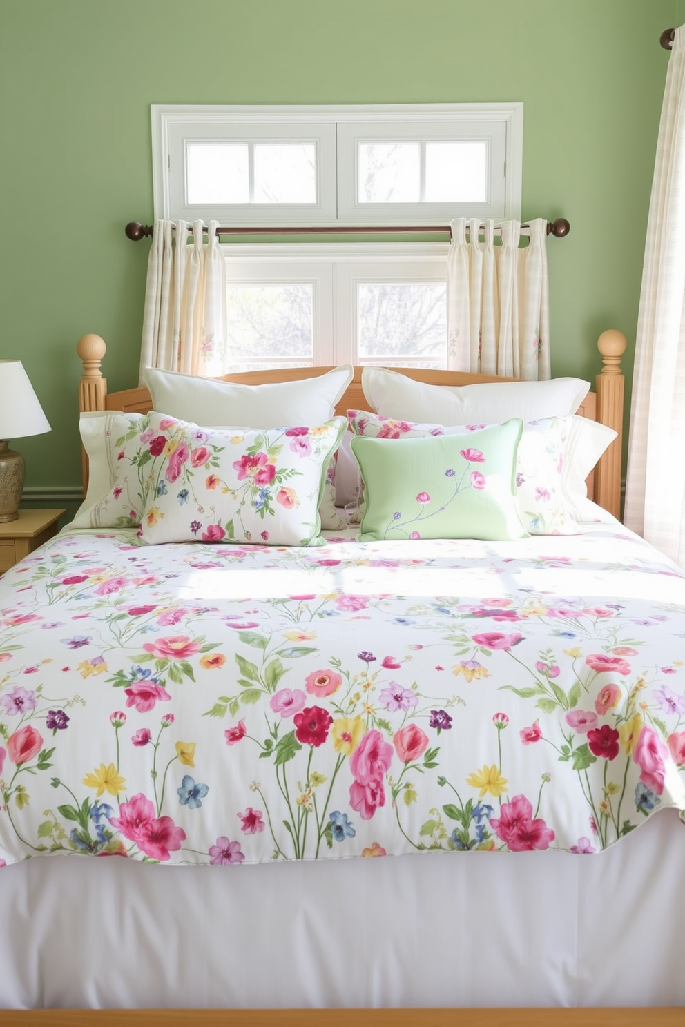 Fresh floral bedding creates a vibrant ambiance that brings the essence of spring into your bedroom. The bedding features a lively mix of colorful flowers on a soft white background, complemented by coordinating pillows in pastel shades. A light wooden bed frame adds warmth and a natural touch to the space. Surrounding the bed, soft green walls and sheer curtains allow natural light to filter through, enhancing the cheerful atmosphere.