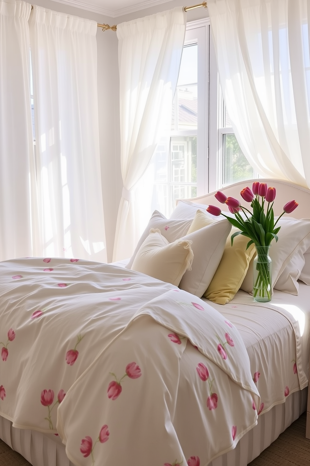 A bright and airy bedroom filled with springtime charm. The bed is adorned with pastel-colored linens and a floral duvet cover, complemented by a collection of soft throw pillows in varying shades of pink and yellow. A vase of fresh tulips sits on the nightstand, adding a pop of color to the space. Light curtains flutter gently in the breeze, allowing natural light to illuminate the room and enhance the cheerful ambiance.