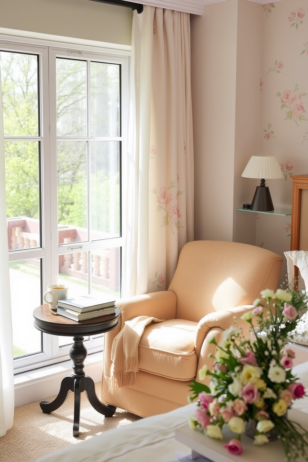 A cozy reading nook features a plush armchair upholstered in soft fabric positioned next to a large window that allows natural light to flood the space. A small side table holds a steaming cup of tea and a stack of well-loved books, while a warm throw blanket drapes over the armchair inviting relaxation. For Spring Bedroom Decorating Ideas, the room is adorned with fresh pastel colors and floral patterns that evoke a sense of renewal. Light curtains flutter gently in the breeze, and a bouquet of seasonal flowers sits on the bedside table, adding a cheerful touch to the serene atmosphere.