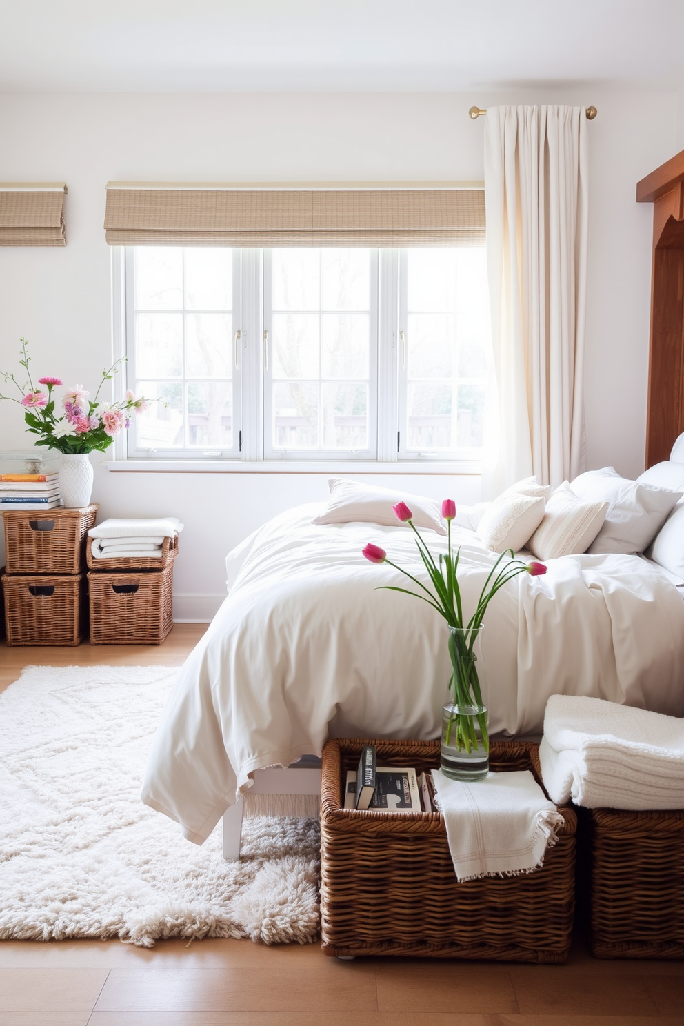 A serene bedroom setting filled with natural light. The room features a cozy bed adorned with pastel-colored linens and fluffy pillows, complemented by a soft area rug underfoot. Wicker baskets are neatly arranged in a corner, providing stylish storage for blankets and books. Fresh flowers in a vase add a touch of spring, enhancing the cheerful ambiance of the space.