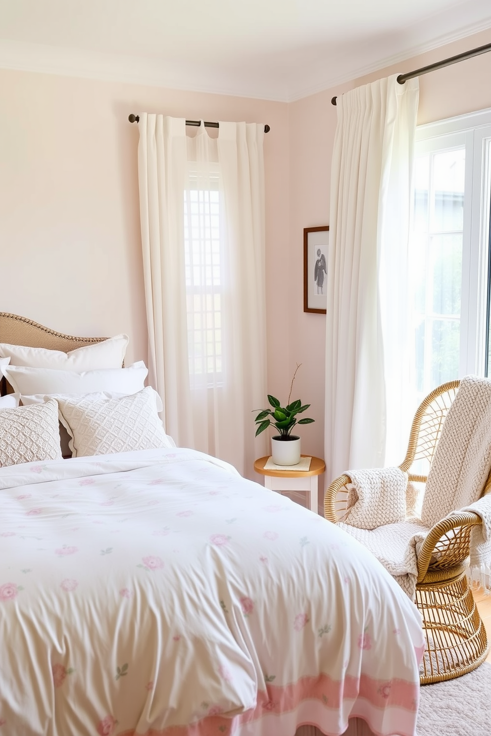 A serene spring bedroom filled with soft pastel colors. The bed is dressed in a light floral duvet with plush pillows in varying textures. A cozy reading nook features a woven chair draped with a chunky knit blanket. Natural light filters through sheer curtains, illuminating a small side table with a potted plant.