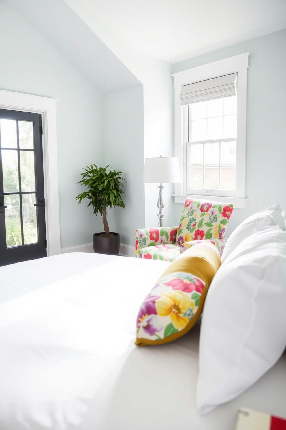 A bright and airy bedroom filled with natural light. The focal point is a cheerful accent chair upholstered in a vibrant floral fabric, positioned near a large window. The walls are painted in a soft pastel hue, creating a serene atmosphere. A cozy bed adorned with crisp white linens and colorful throw pillows complements the cheerful vibe of the space.