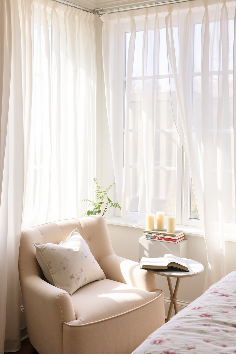 A serene spring bedroom setting filled with natural light. The room features a soft pastel color palette with floral-patterned bedding and sheer curtains that flutter gently in the breeze. A cozy reading nook is created by a plush armchair in the corner, accompanied by a small side table holding a stack of books. Scented candles are placed on the windowsill, adding a fresh aroma that enhances the tranquil atmosphere.