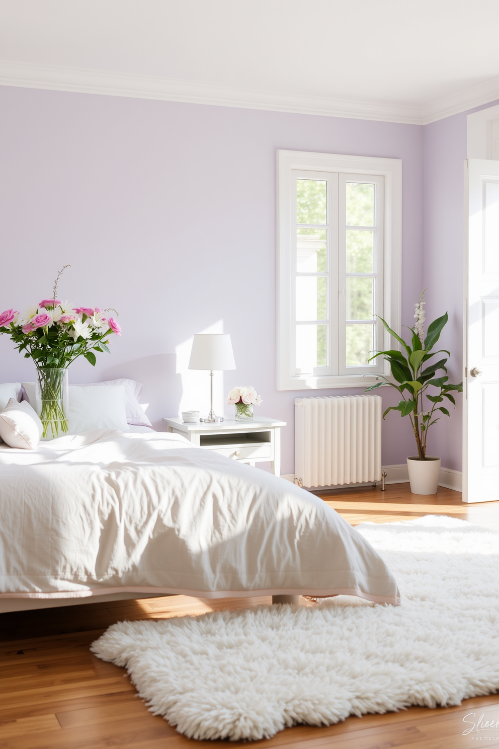 A serene bedroom setting filled with natural light. A beautifully arranged vase of fresh flowers sits on a bedside table next to a cozy bed adorned with pastel-colored linens. The walls are painted in a soft lavender hue, creating a tranquil atmosphere. A plush area rug in light cream adds warmth to the hardwood floor, complementing the overall spring theme.