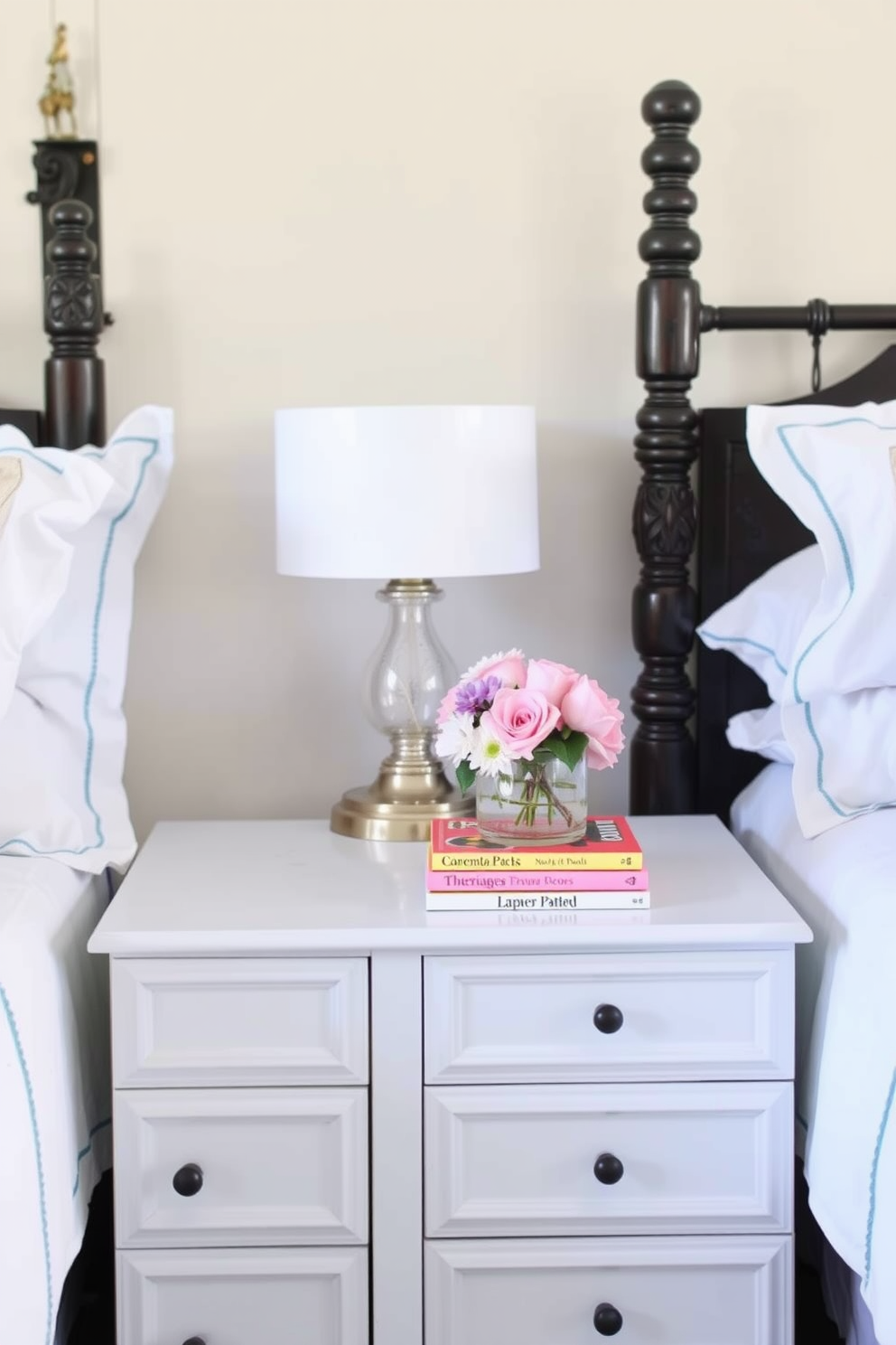 A fresh spring bedroom setting with updated nightstands featuring pastel-colored decor. Each nightstand is adorned with a small vase of blooming flowers and a stack of vibrant books, creating a cheerful and inviting atmosphere.