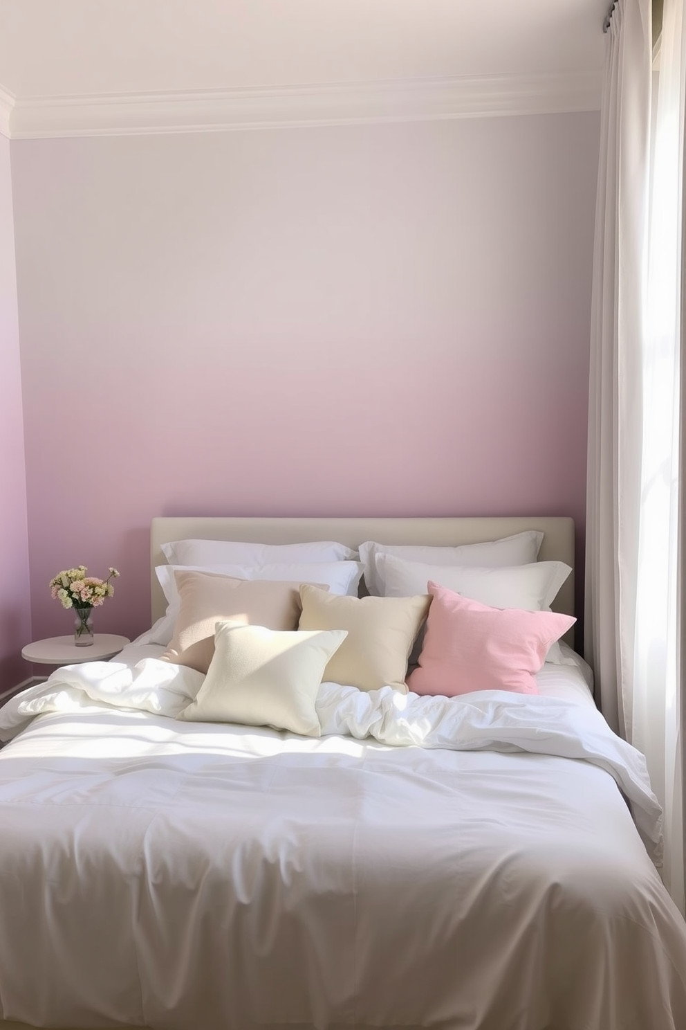 A serene bedroom setting featuring soft color gradients on the walls that transition from pale lavender to a gentle cream. The bed is adorned with plush white linens and a variety of pastel-colored throw pillows, creating a cozy and inviting atmosphere. Natural light filters through sheer curtains, casting a warm glow across the room. A small bedside table holds a delicate vase of fresh flowers, adding a touch of spring freshness to the decor.