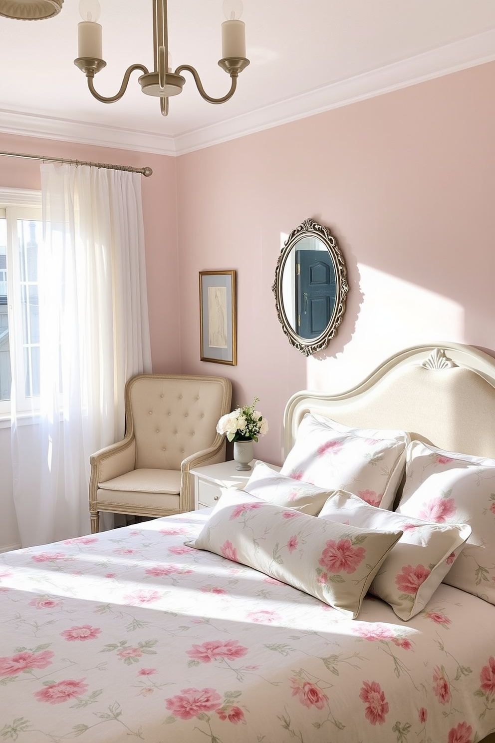 A serene spring bedroom setting featuring soft pastel colors and floral accents. The bed is dressed in a light floral duvet with coordinating pillows, and a decorative mirror hangs above the headboard reflecting natural light. A cozy armchair is placed in the corner with a small side table holding a vase of fresh flowers. Sheer curtains flutter gently by the window, allowing sunlight to illuminate the space and create a cheerful atmosphere.