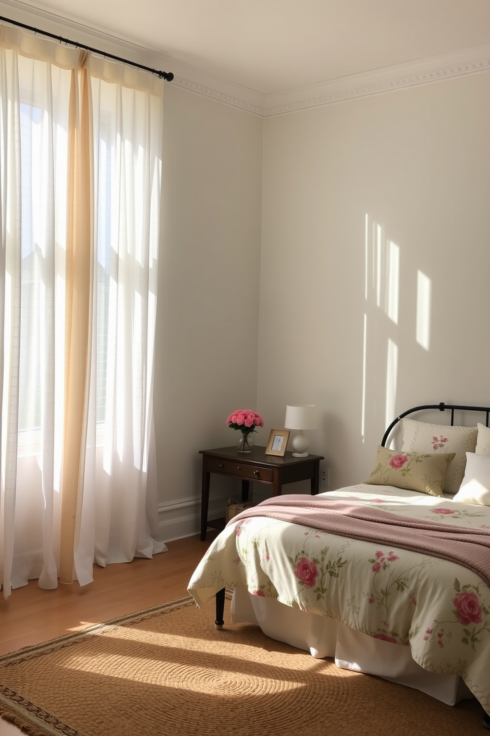 A serene spring bedroom filled with natural light. The walls are painted in soft pastel colors, and lightweight curtains flutter gently in the breeze, creating an airy feel. A cozy bed is adorned with floral-patterned bedding and plush pillows. Decorative elements include a bedside table with a small vase of fresh flowers and a woven rug that adds warmth to the space.