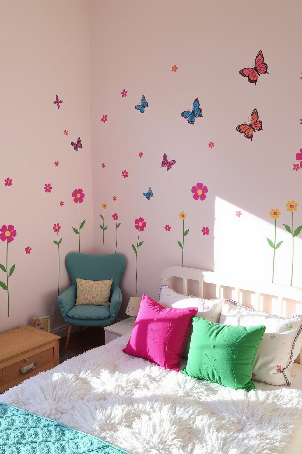 A bright and cheerful bedroom filled with whimsical wall decals of flowers and butterflies. The walls are painted in a soft pastel color, creating a playful and inviting atmosphere. A cozy bed with a fluffy comforter is adorned with colorful throw pillows that match the wall decals. A small reading nook with a comfy chair and a whimsical lamp adds to the charm of the space.