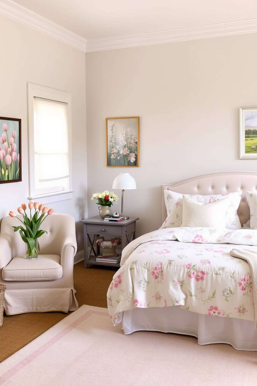 A serene spring bedroom setting. The walls are painted in a soft pastel hue, and a light floral duvet covers the bed adorned with plush pillows. On one side of the room, a cozy reading nook features a comfortable armchair and a small side table with a vase of fresh tulips. Seasonal artwork depicting blooming flowers and vibrant landscapes is displayed on the walls to enhance the spring ambiance.